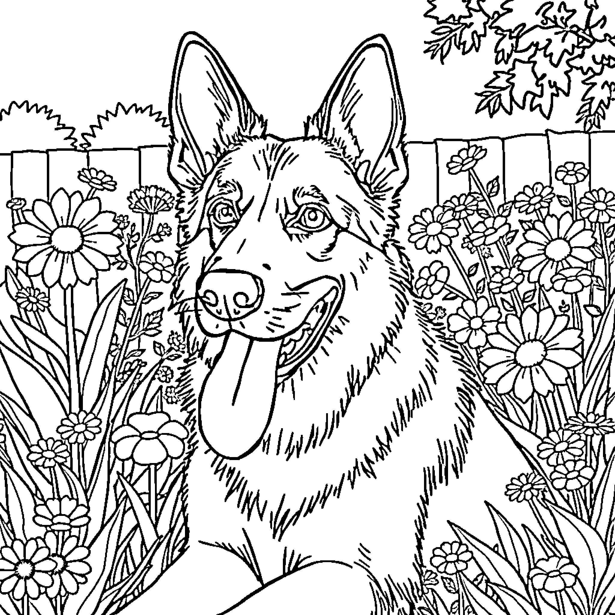 German Shepherd enjoying the garden scene Coloring Page (free black-and-white line drawing printable PDF for all, from beginners to advanced learners, including children, teens, adults, and seniors)