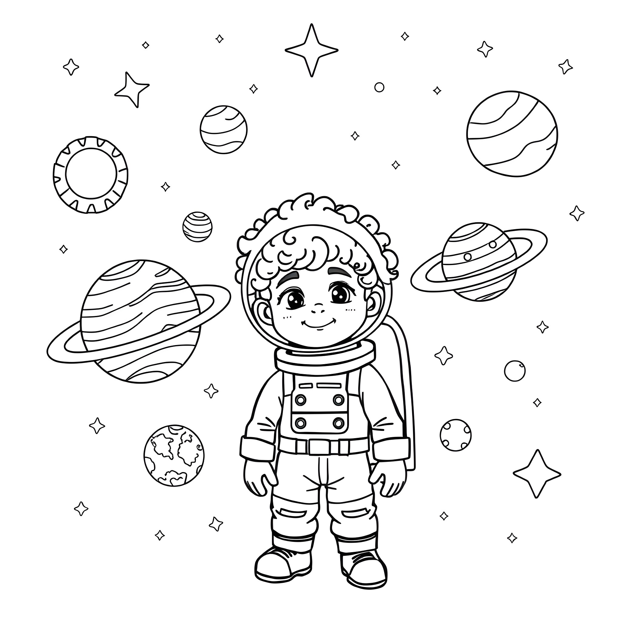 Astronaut exploring the vast cosmos Coloring Page (free black-and-white line drawing printable PDF for all, from beginners to advanced learners, including children, teens, adults, and seniors)