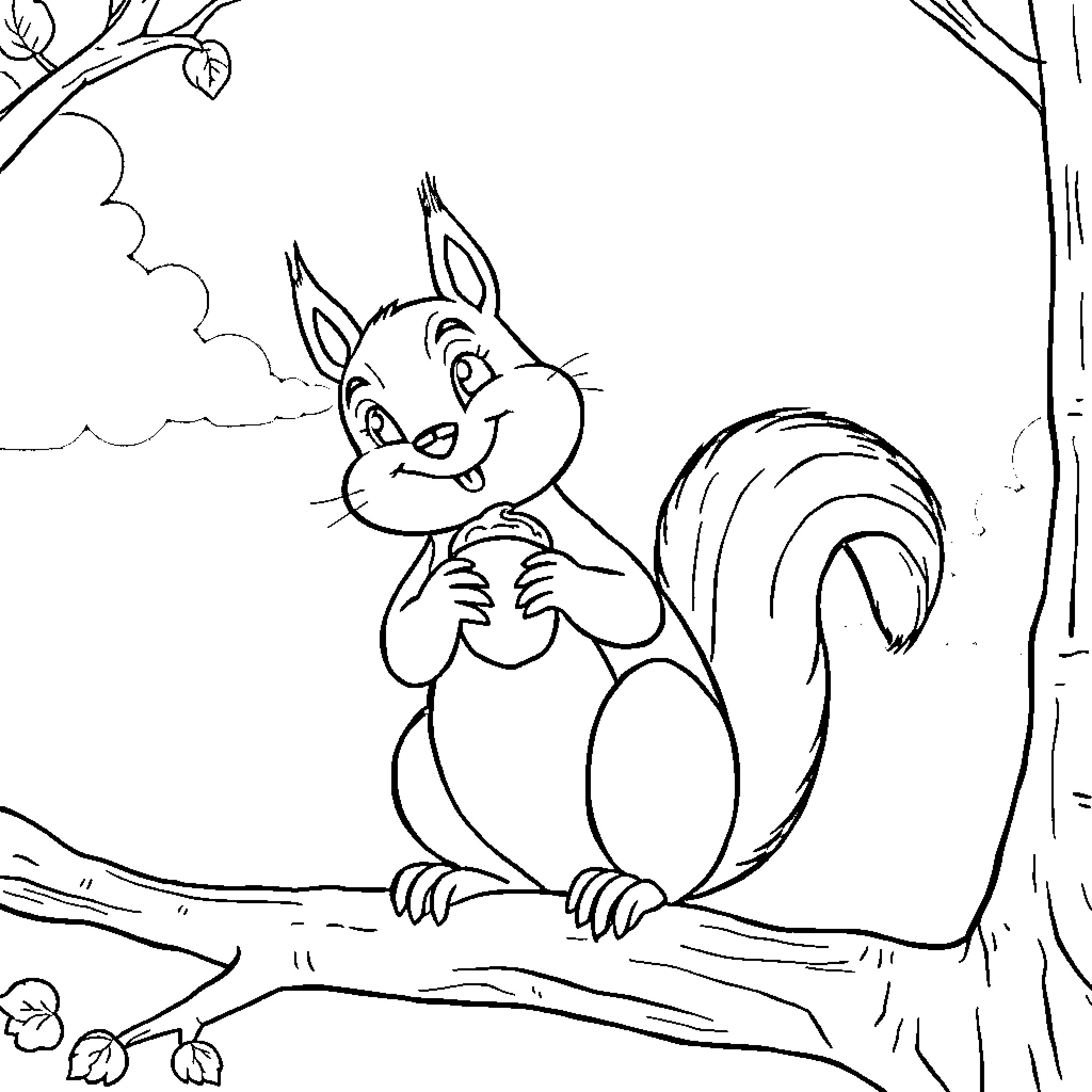 Squirrel collecting acorns in the forest Coloring Page (free black-and-white line drawing printable PDF for all, from beginners to advanced learners, including children, teens, adults, and seniors)
