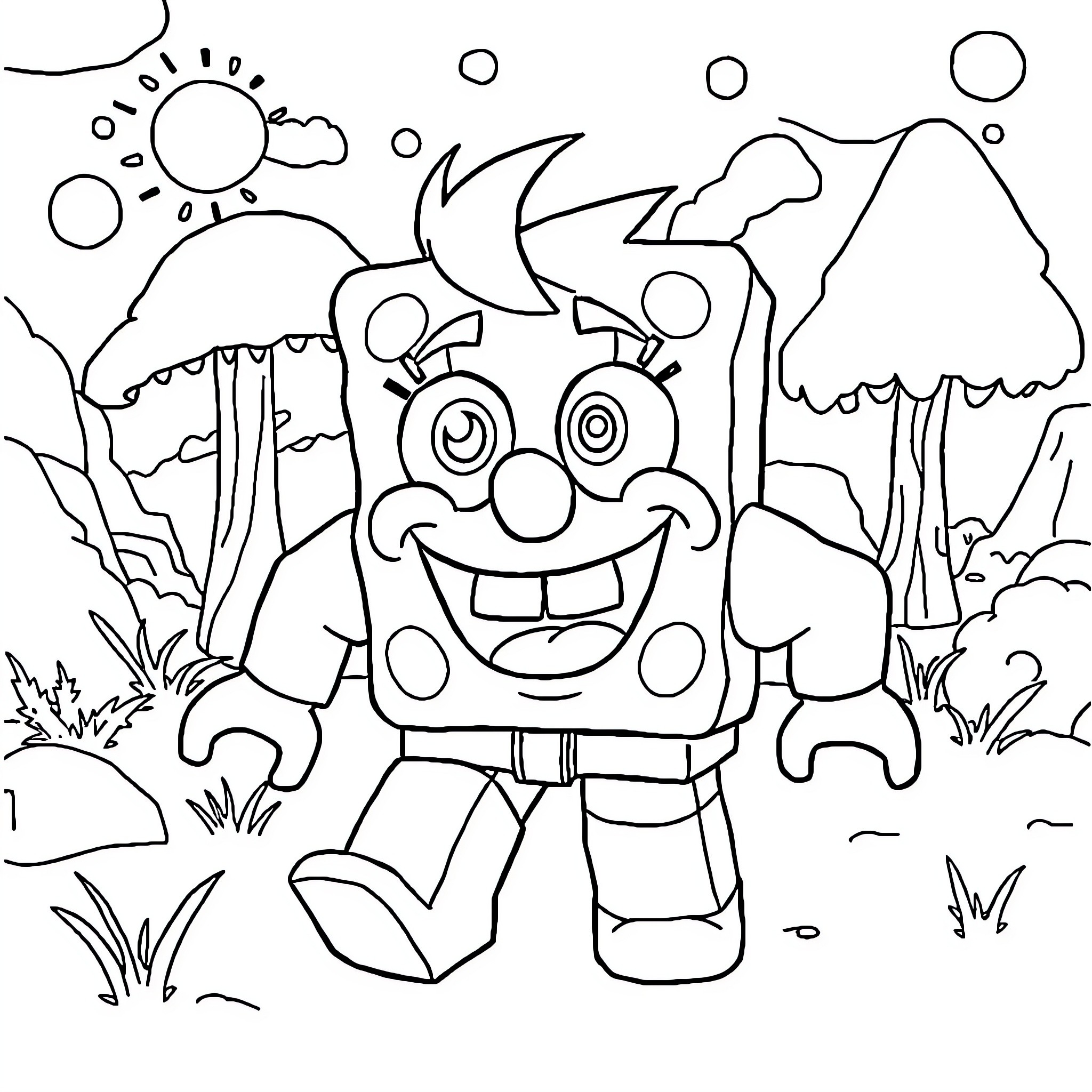 Roblox Character playing happily in a fantasy landscape Coloring Page (free black-and-white line drawing printable PDF for all, from beginners to advanced learners, including children, teens, adults, and seniors)