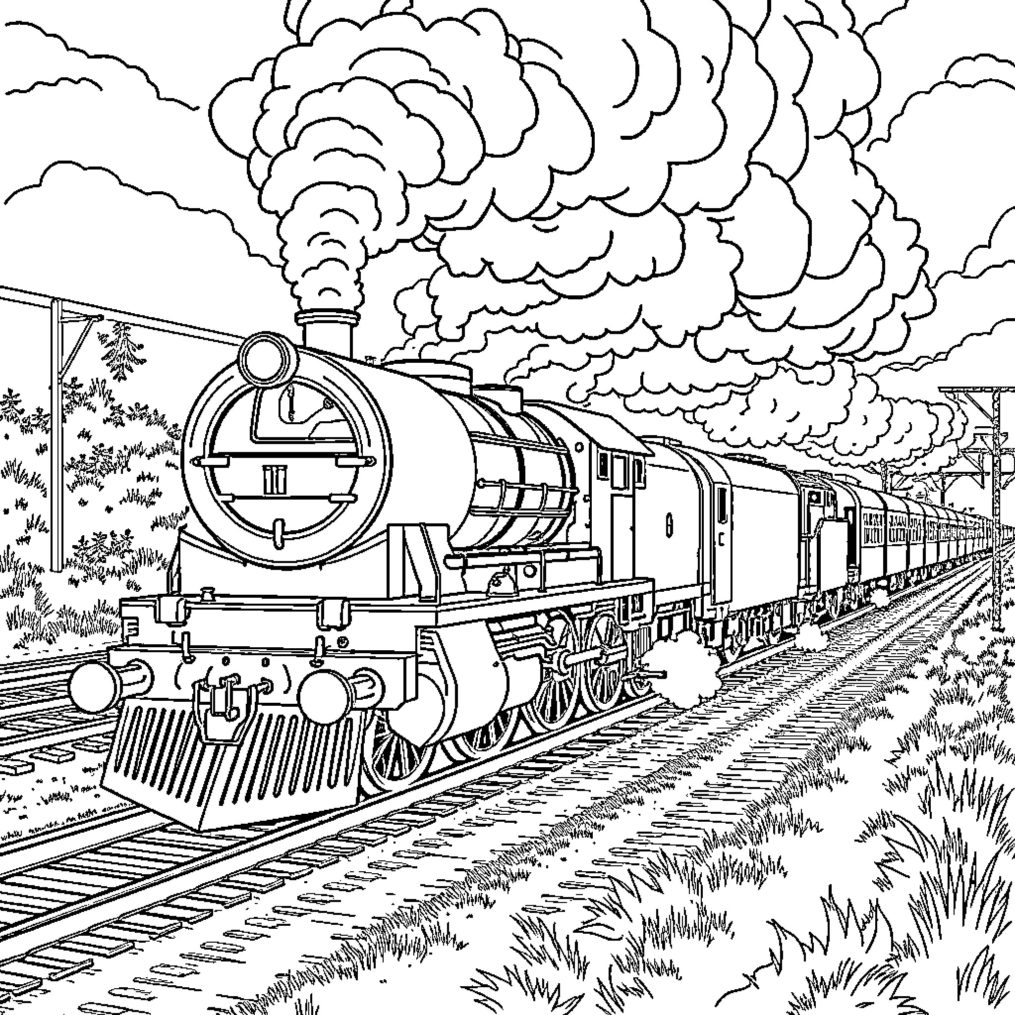 Train steaming through the countryside Coloring Page (free black-and-white line drawing printable PDF for all, from beginners to advanced learners, including children, teens, adults, and seniors)