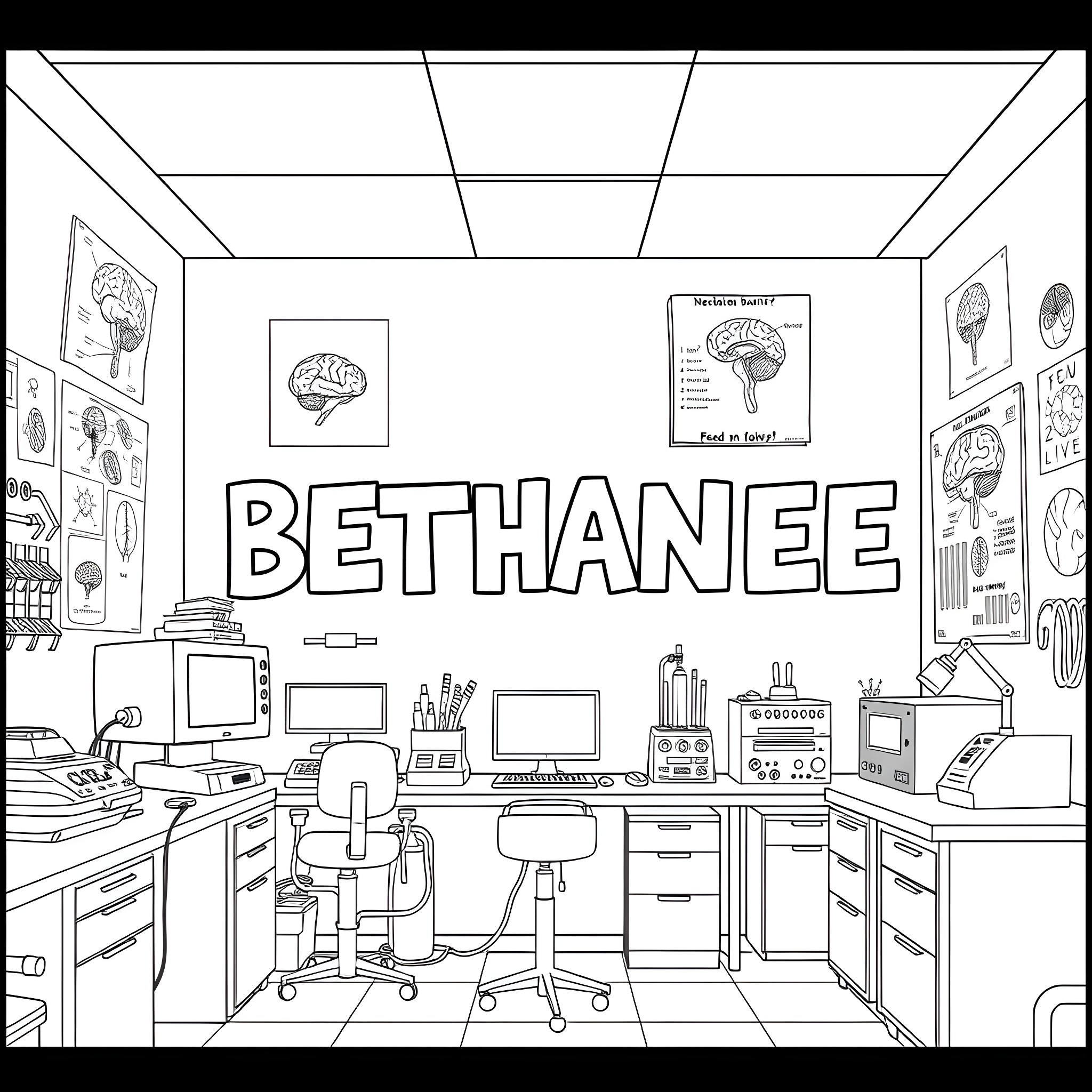 Bethanee's Busy Workspace Coloring Page (free black-and-white line drawing printable PDF for all, from beginners to advanced learners, including children, teens, adults, and seniors)