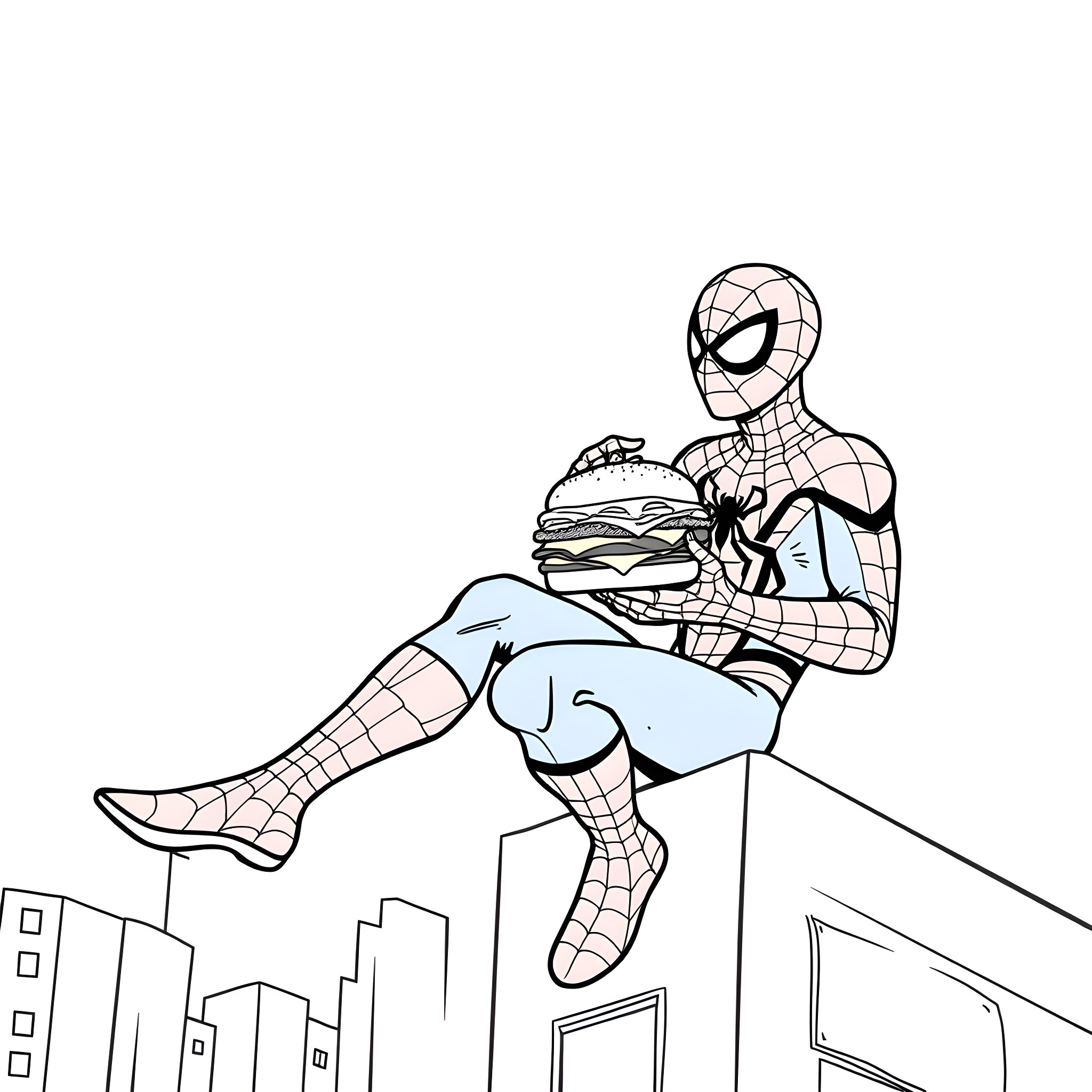 Spiderman enjoying a snack on the rooftop Coloring Page (free black-and-white line drawing printable PDF for all, from beginners to advanced learners, including children, teens, adults, and seniors)