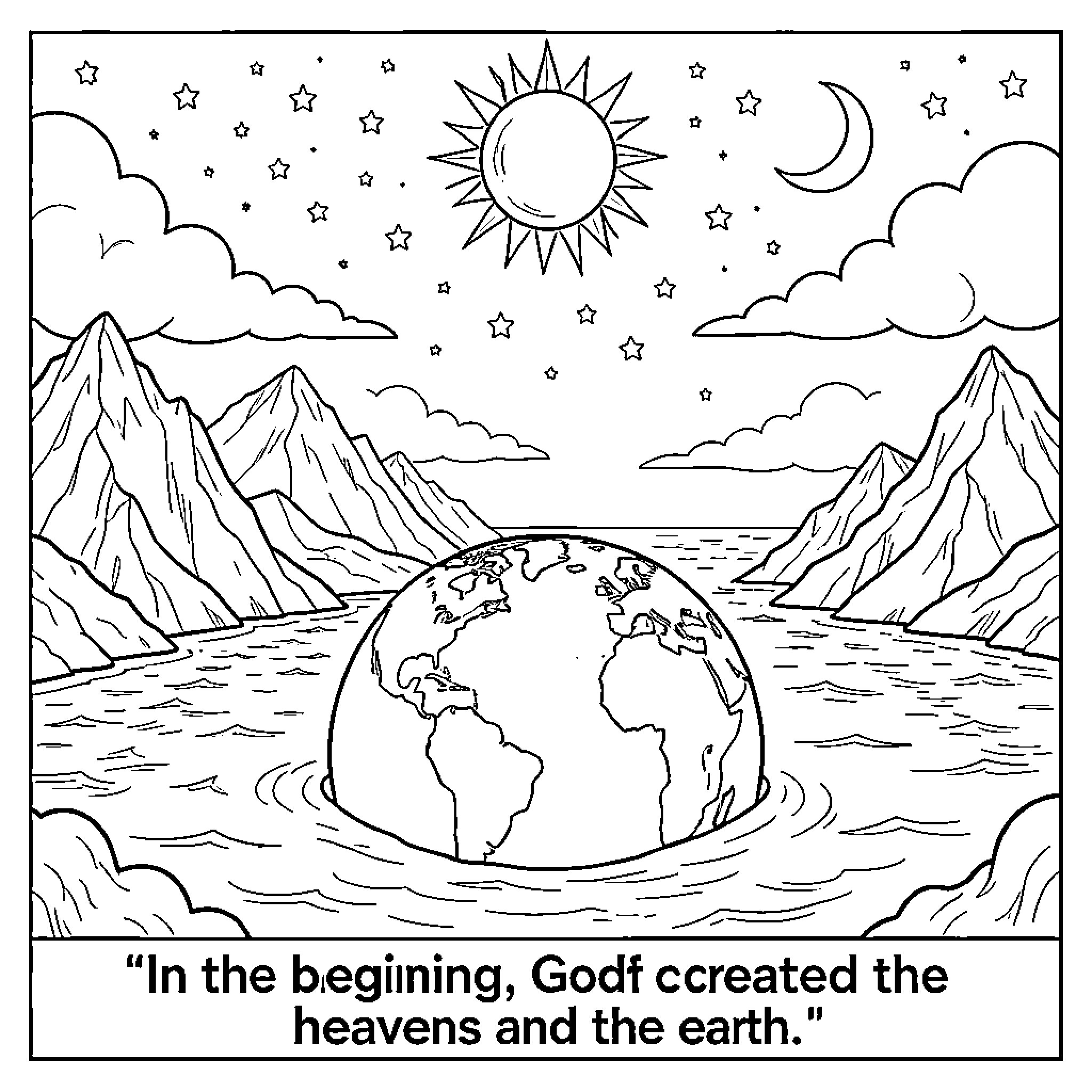 God creating the heavens and the earth Coloring Page (free black-and-white line drawing printable PDF for all, from beginners to advanced learners, including children, teens, adults, and seniors)