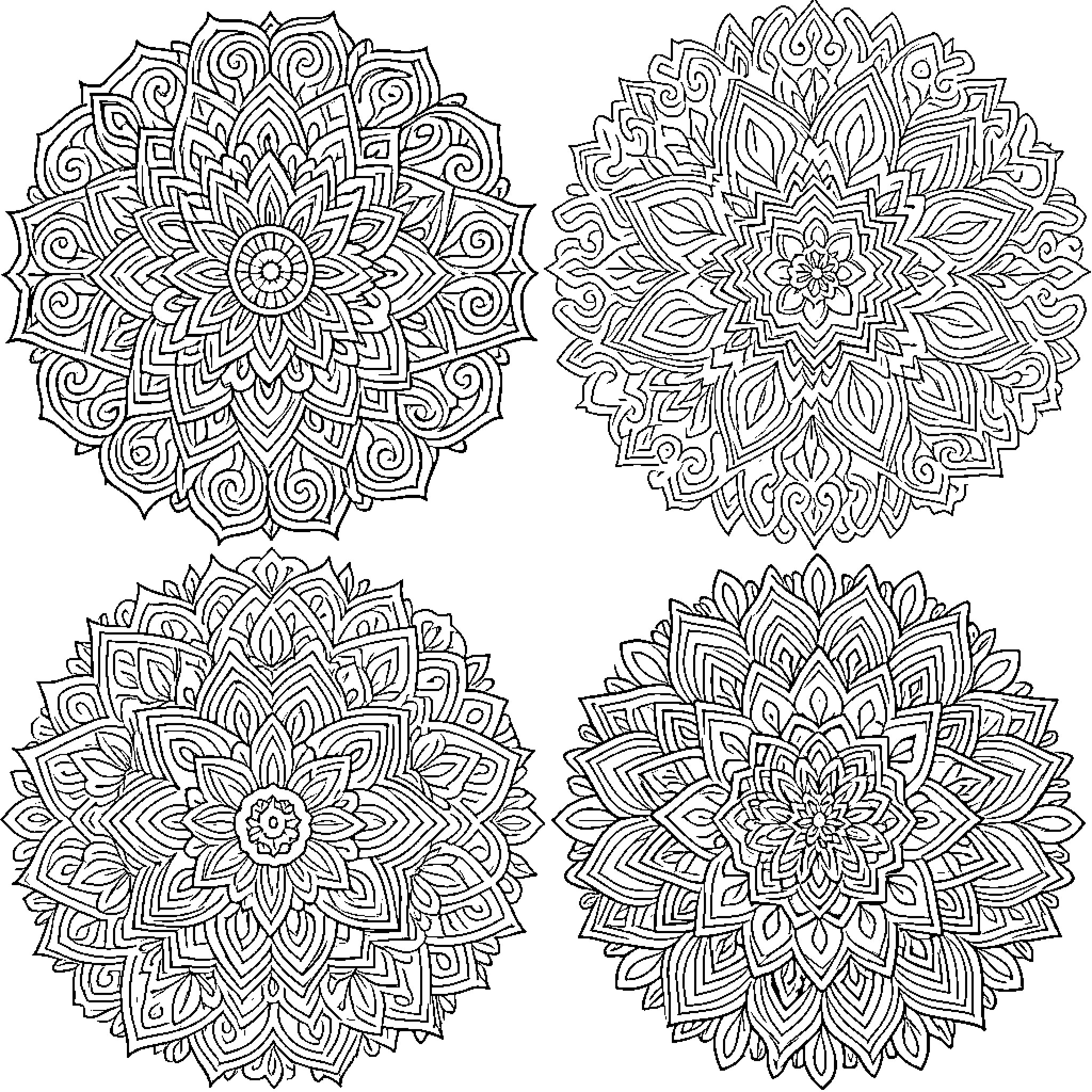 Mandalas of intricate floral patterns and designs Coloring Page (free black-and-white line drawing printable PDF for all, from beginners to advanced learners, including children, teens, adults, and seniors)