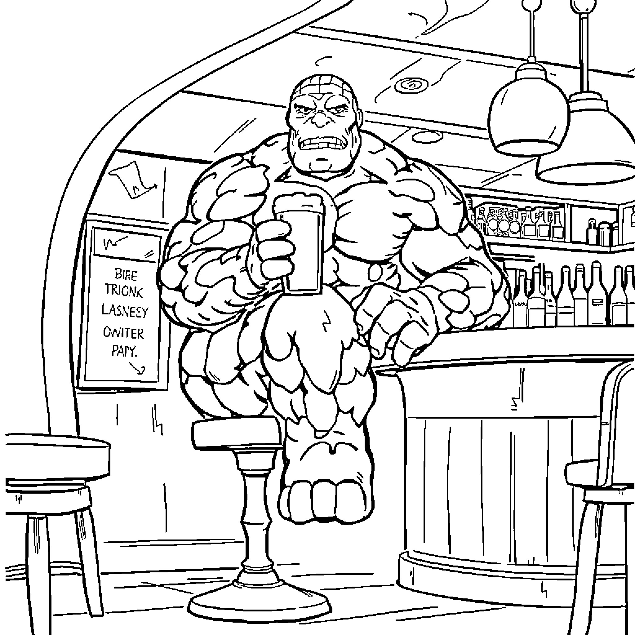 Thing muscular character serving drinks at bar Coloring Page (free black-and-white line drawing printable PDF for all, from beginners to advanced learners, including children, teens, adults, and seniors)