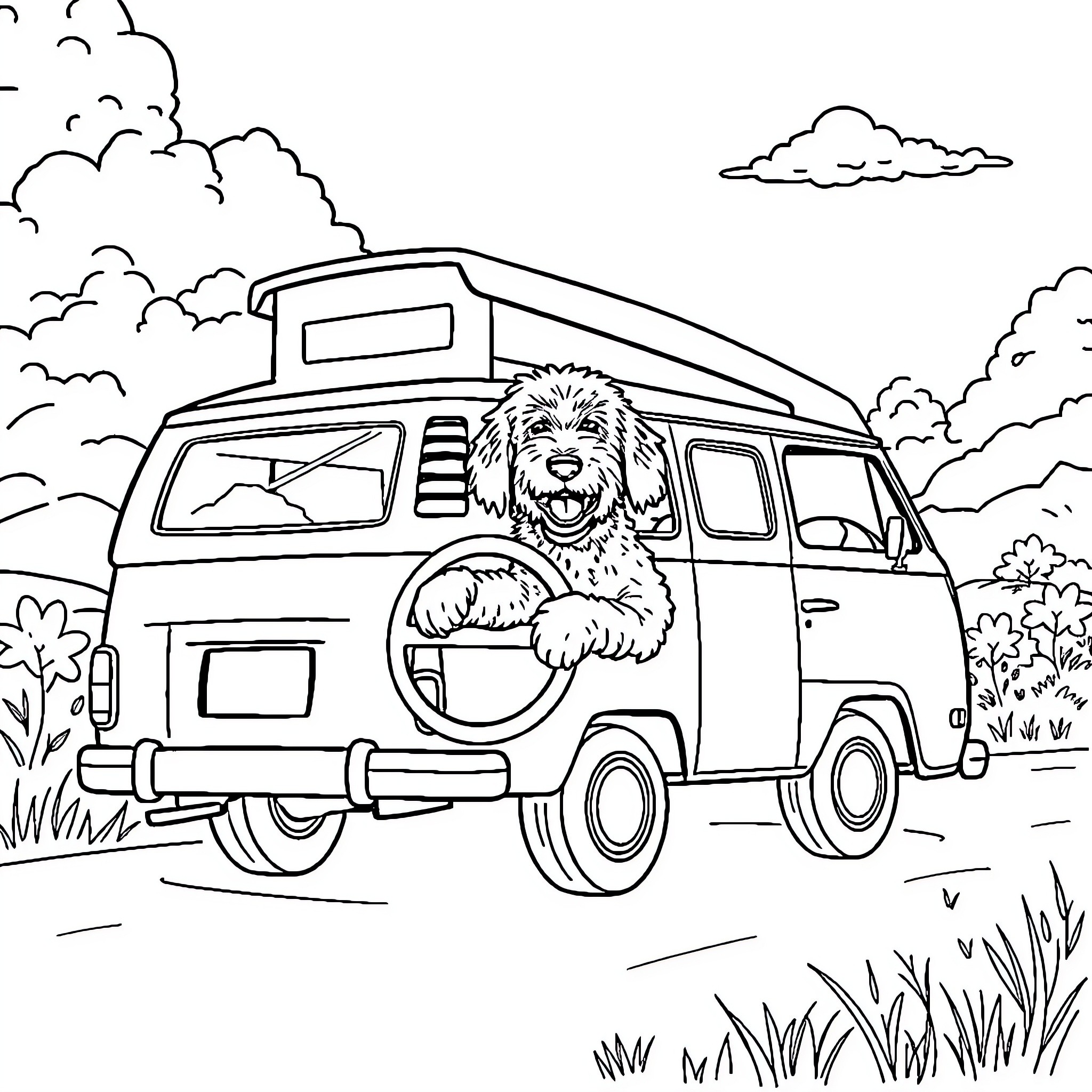 Labradoodle enjoying a road trip in a van Coloring Page (free black-and-white line drawing printable PDF for all, from beginners to advanced learners, including children, teens, adults, and seniors)