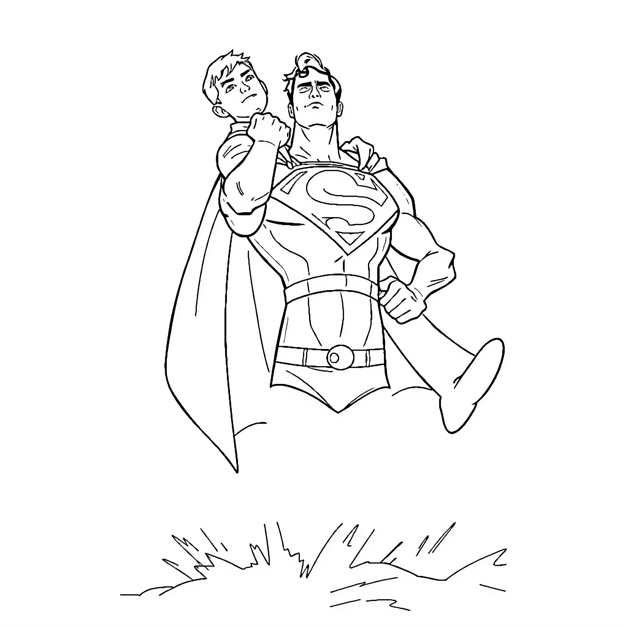 Superman rescues a child in a heroic display Coloring Page (free black-and-white line drawing printable PDF for all, from beginners to advanced learners, including children, teens, adults, and seniors)