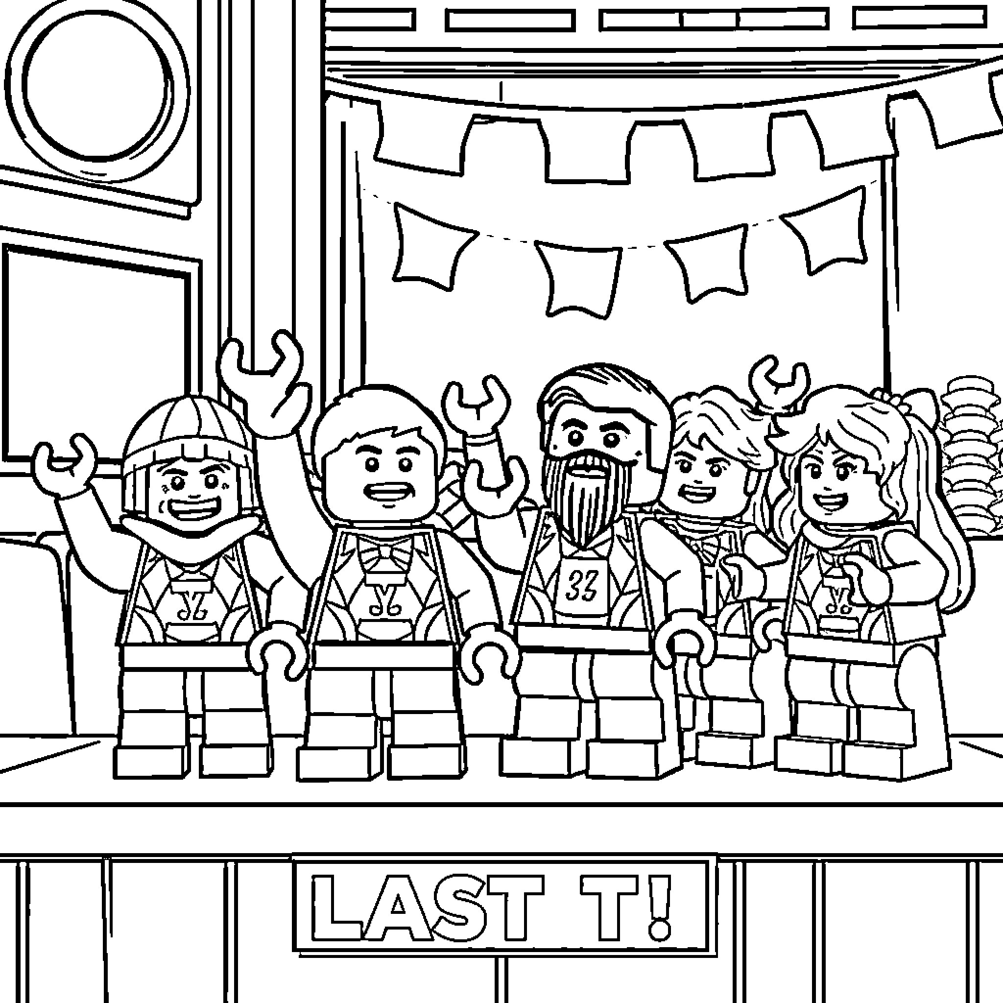 Lego Characters Celebrating and Having Fun Coloring Page (free black-and-white line drawing printable PDF for all, from beginners to advanced learners, including children, teens, adults, and seniors)