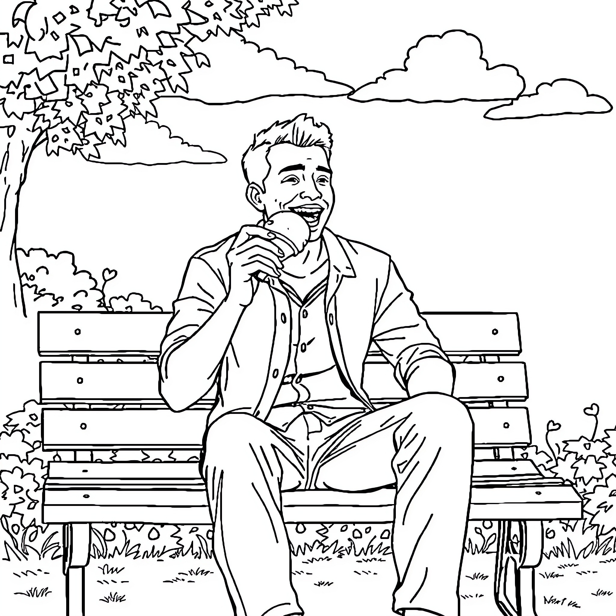 Man enjoying a peaceful moment on park bench Coloring Page (free black-and-white line drawing printable PDF for all, from beginners to advanced learners, including children, teens, adults, and seniors)