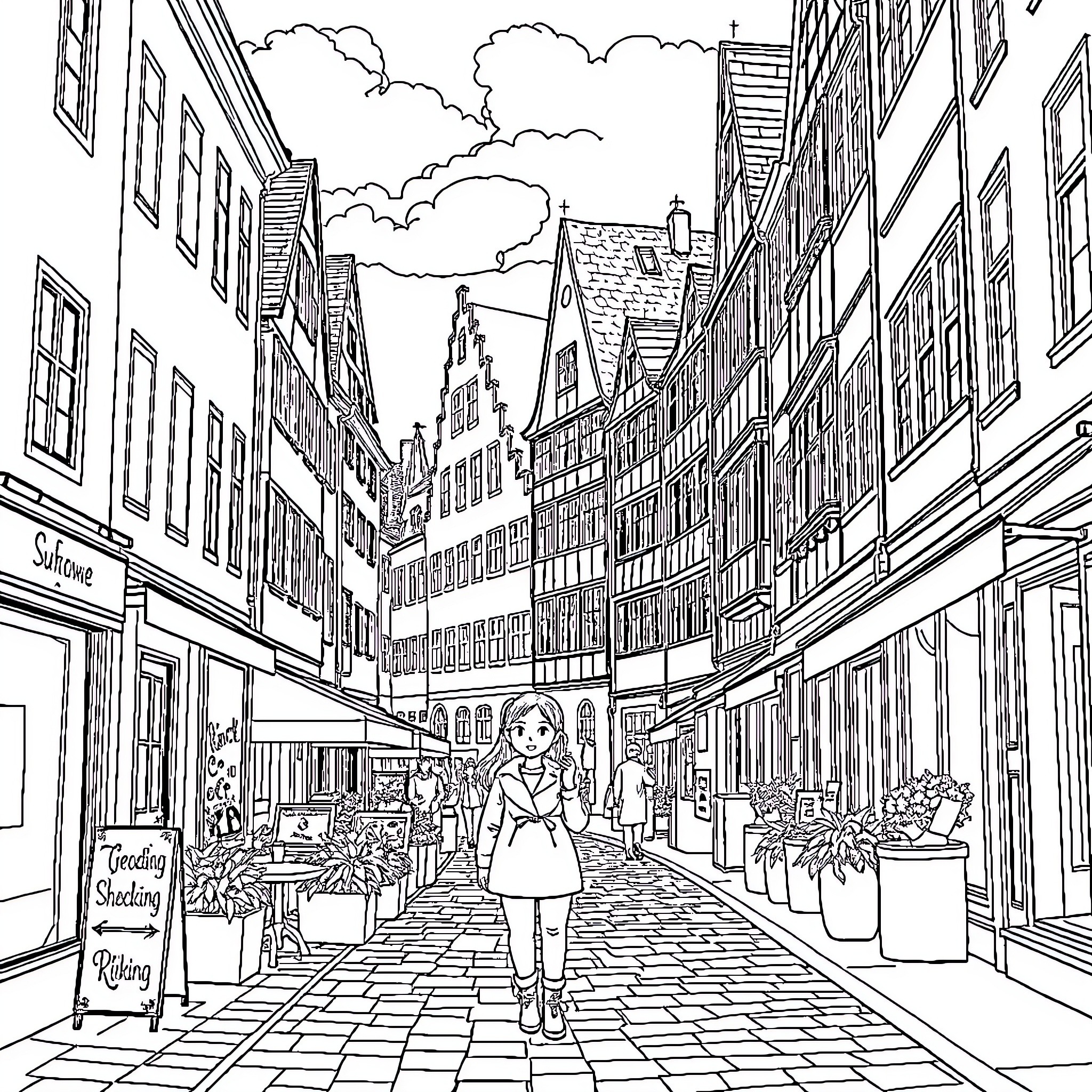 Kirikou exploring the charming medieval town Coloring Page (free black-and-white line drawing printable PDF for all, from beginners to advanced learners, including children, teens, adults, and seniors)