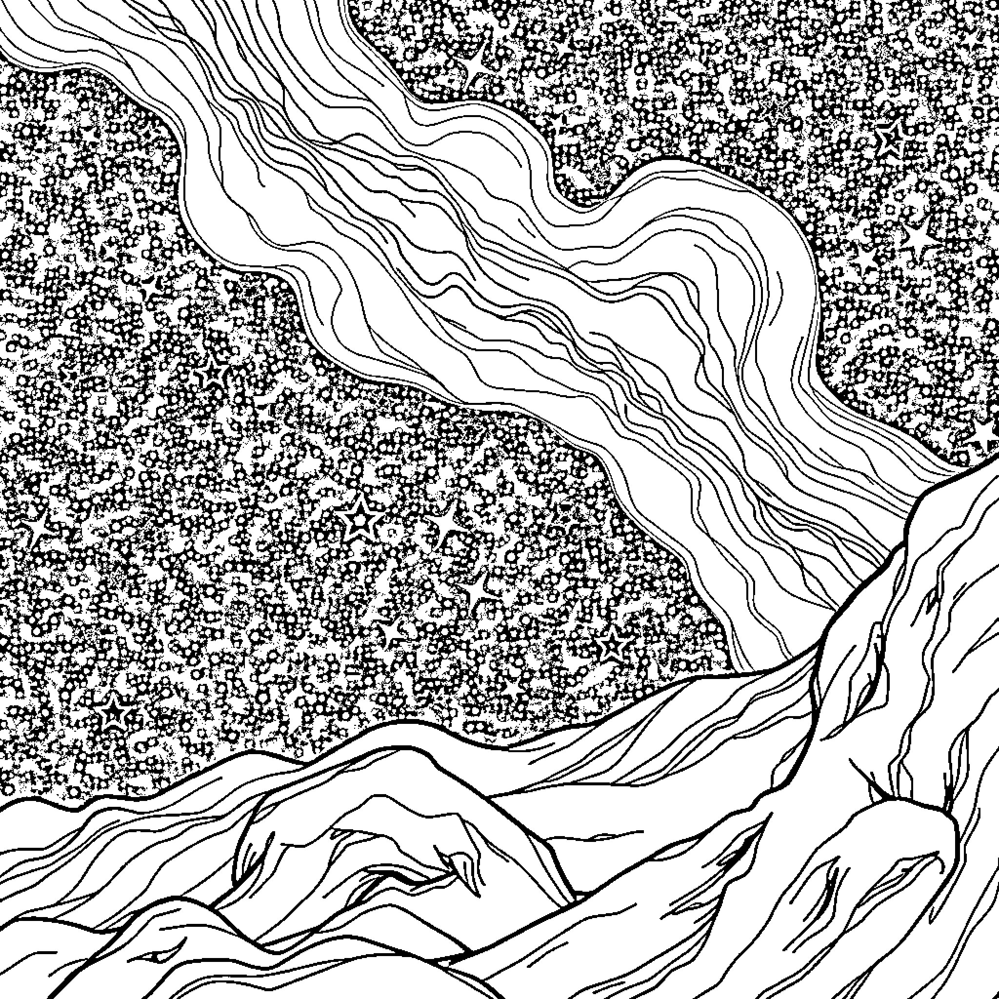 Rocket Soaring Through Abstract Terrain Coloring Page (free black-and-white line drawing printable PDF for all, from beginners to advanced learners, including children, teens, adults, and seniors)
