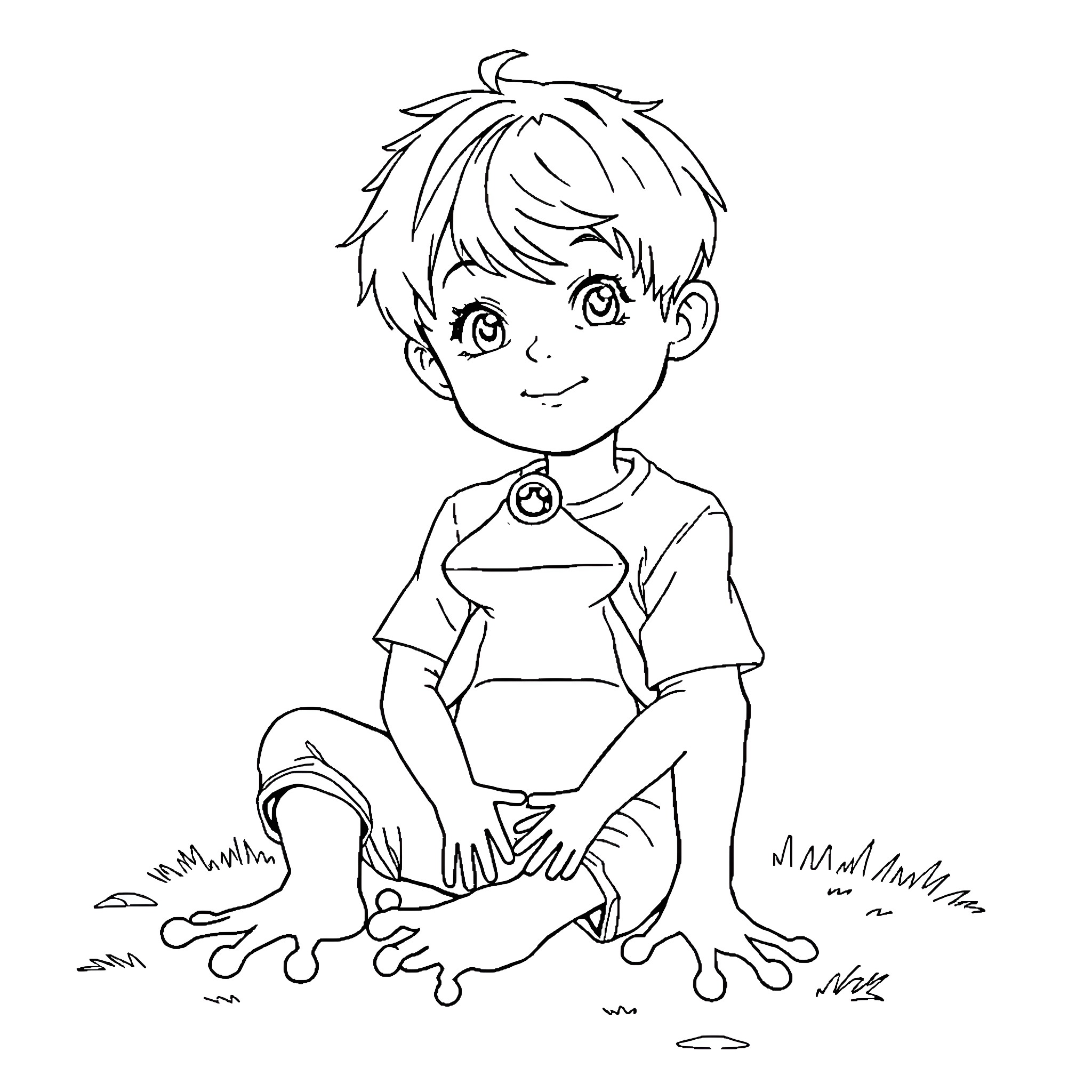Boy playing happily in the field Coloring Page (free black-and-white line drawing printable PDF for all, from beginners to advanced learners, including children, teens, adults, and seniors)