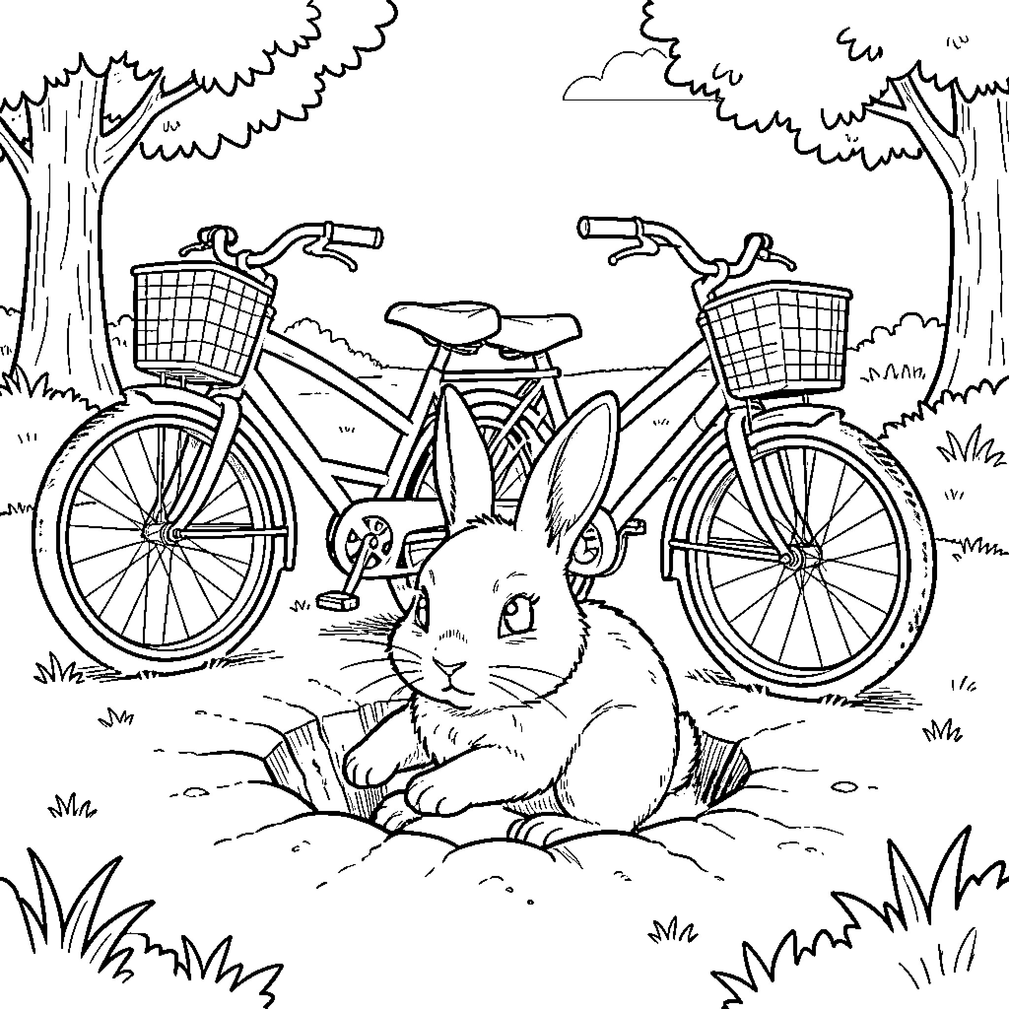 Bunny enjoying the peaceful outdoors near bicycles Coloring Page (free black-and-white line drawing printable PDF for all, from beginners to advanced learners, including children, teens, adults, and seniors)