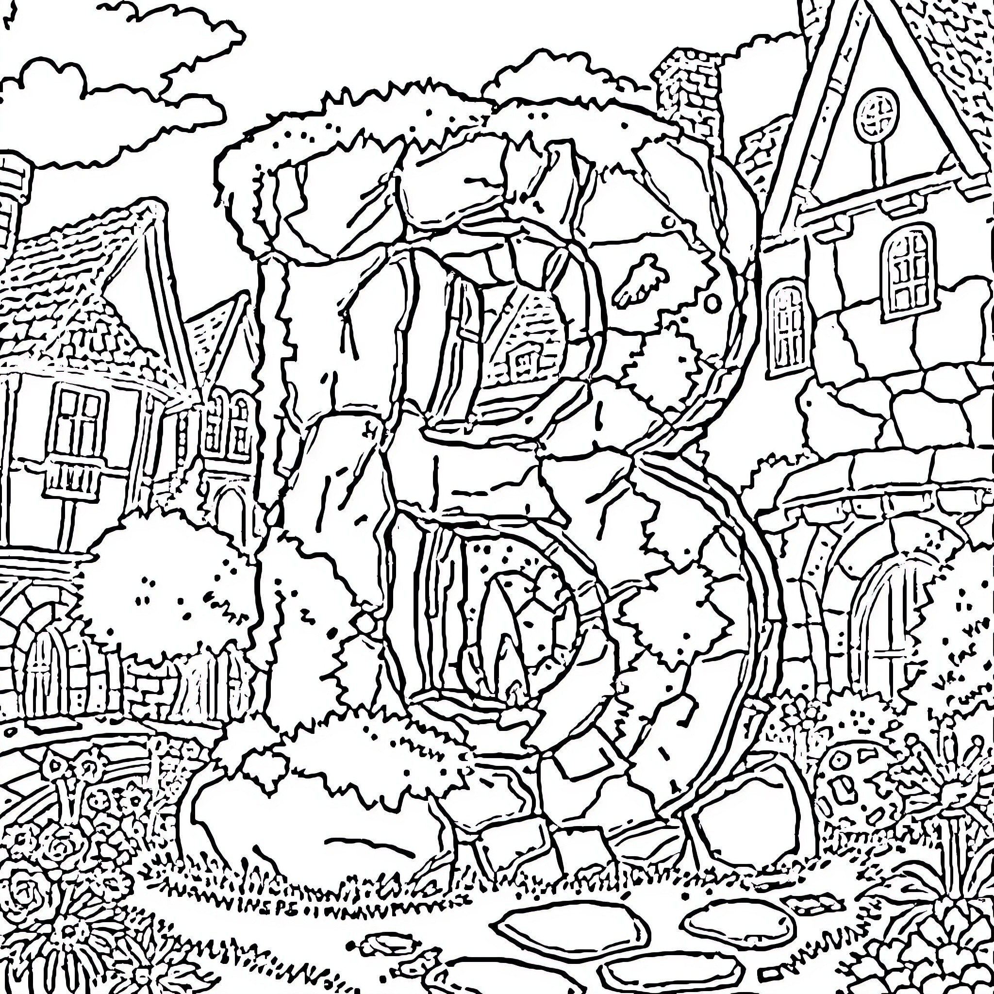 Letter B: Detailed Fantasy Landscape with Buildings Coloring Page (free black-and-white line drawing printable PDF for all, from beginners to advanced learners, including children, teens, adults, and seniors)