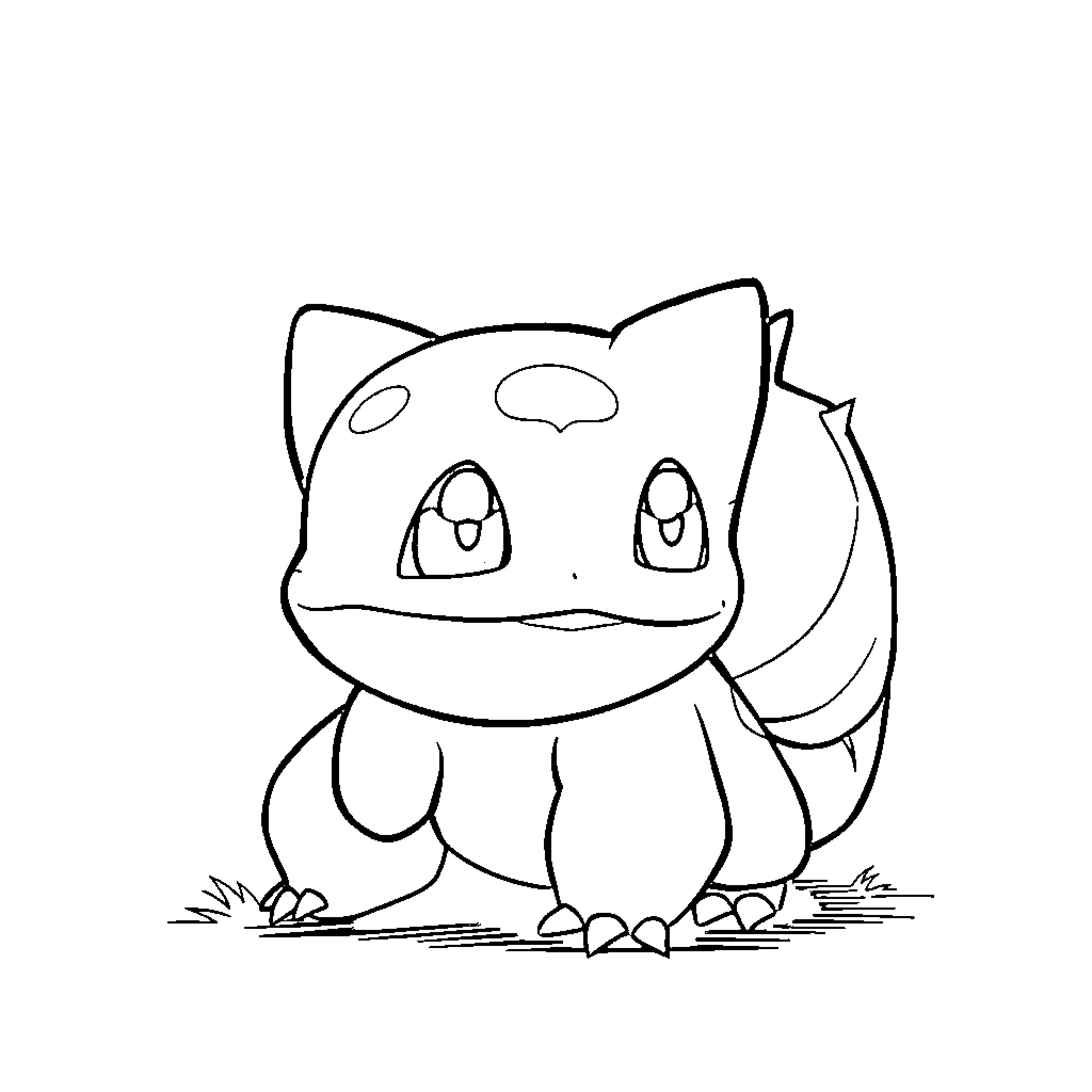 Bulbasaur sitting happily on the grass Coloring Page (free black-and-white line drawing printable PDF for all, from beginners to advanced learners, including children, teens, adults, and seniors)