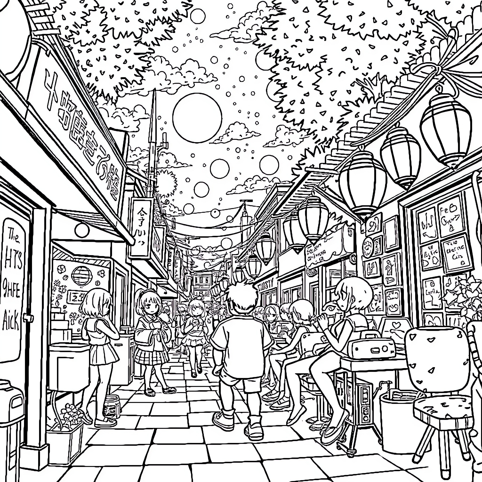 Anime Lively Street Scene with Lanterns and Crowds Coloring Page (free black-and-white line drawing printable PDF for all, from beginners to advanced learners, including children, teens, adults, and seniors)