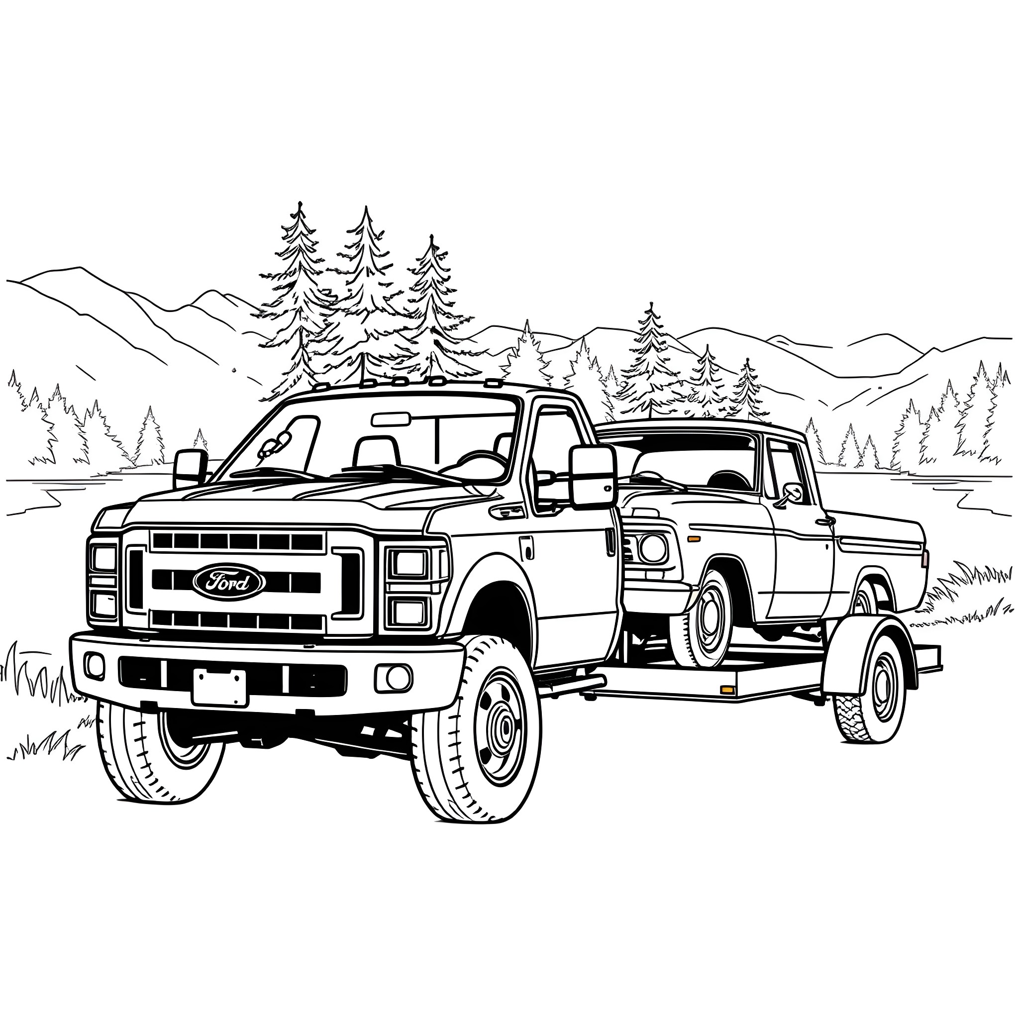 Truck transporting off-road vehicle in the mountains Coloring Page (free black-and-white line drawing printable PDF for all, from beginners to advanced learners, including children, teens, adults, and seniors)