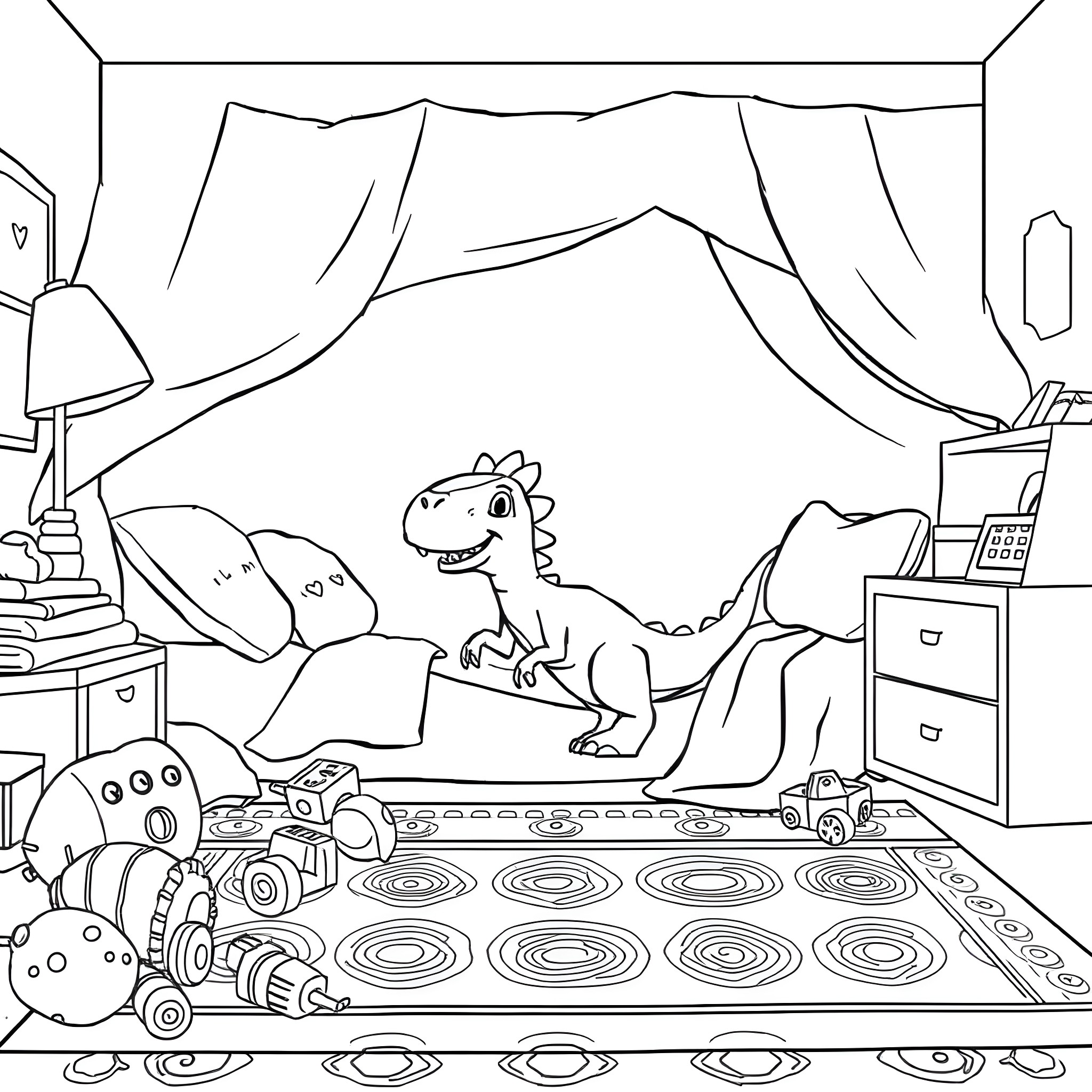 Dinosaur playing joyfully in a messy bedroom Coloring Page (free black-and-white line drawing printable PDF for all, from beginners to advanced learners, including children, teens, adults, and seniors)