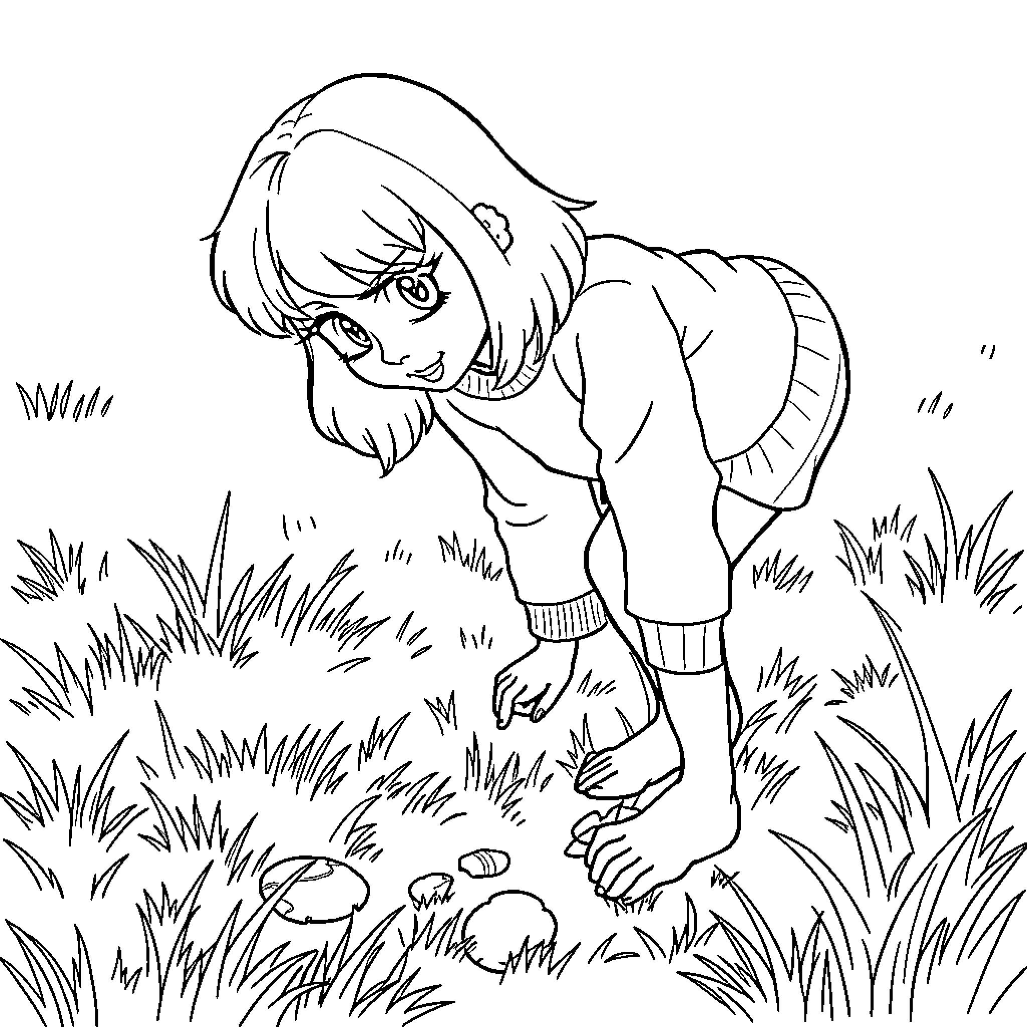 Velma exploring the outdoors with curiosity Coloring Page (free black-and-white line drawing printable PDF for all, from beginners to advanced learners, including children, teens, adults, and seniors)