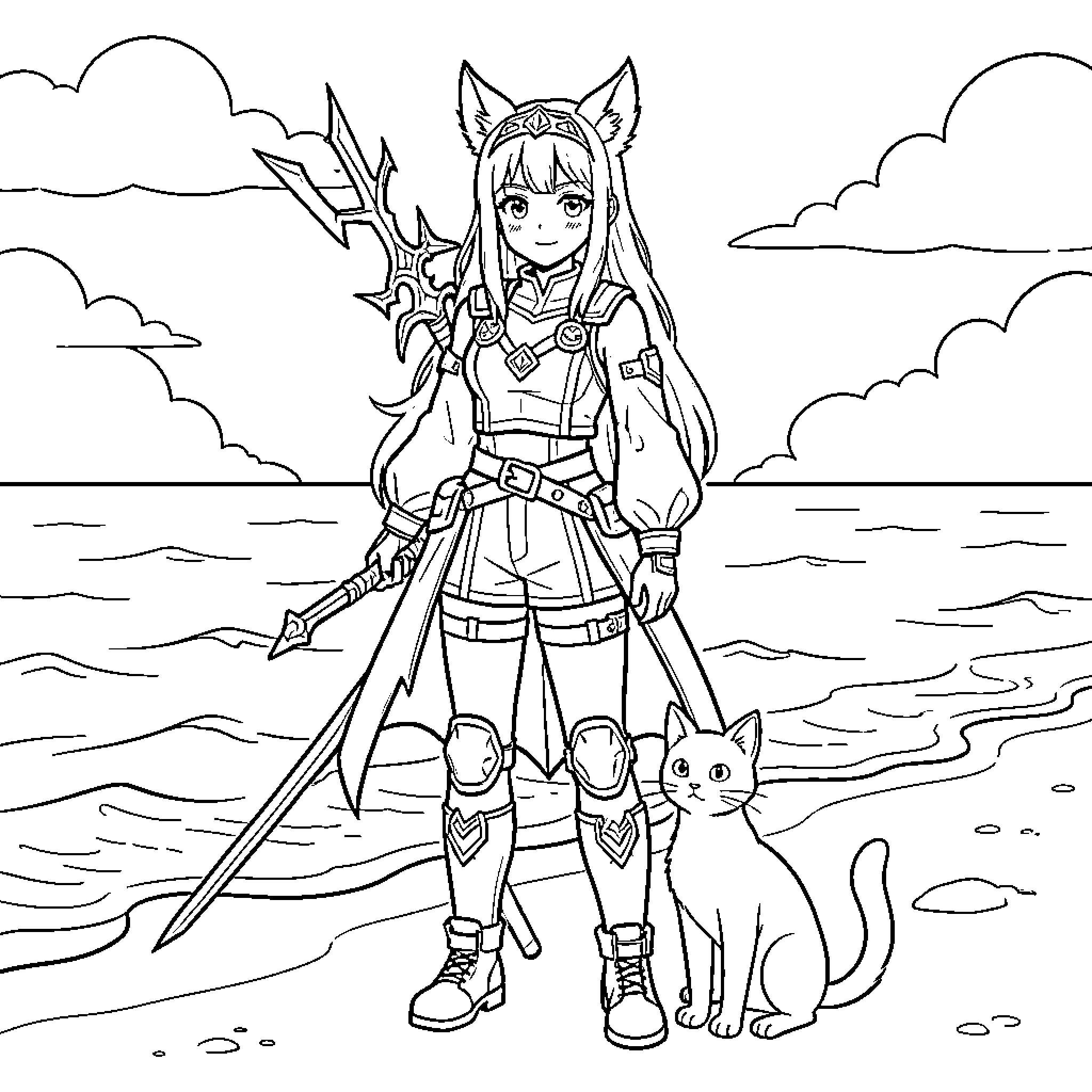 Roumi Zoé standing by the ocean with a cat Coloring Page (free black-and-white line drawing printable PDF for all, from beginners to advanced learners, including children, teens, adults, and seniors)