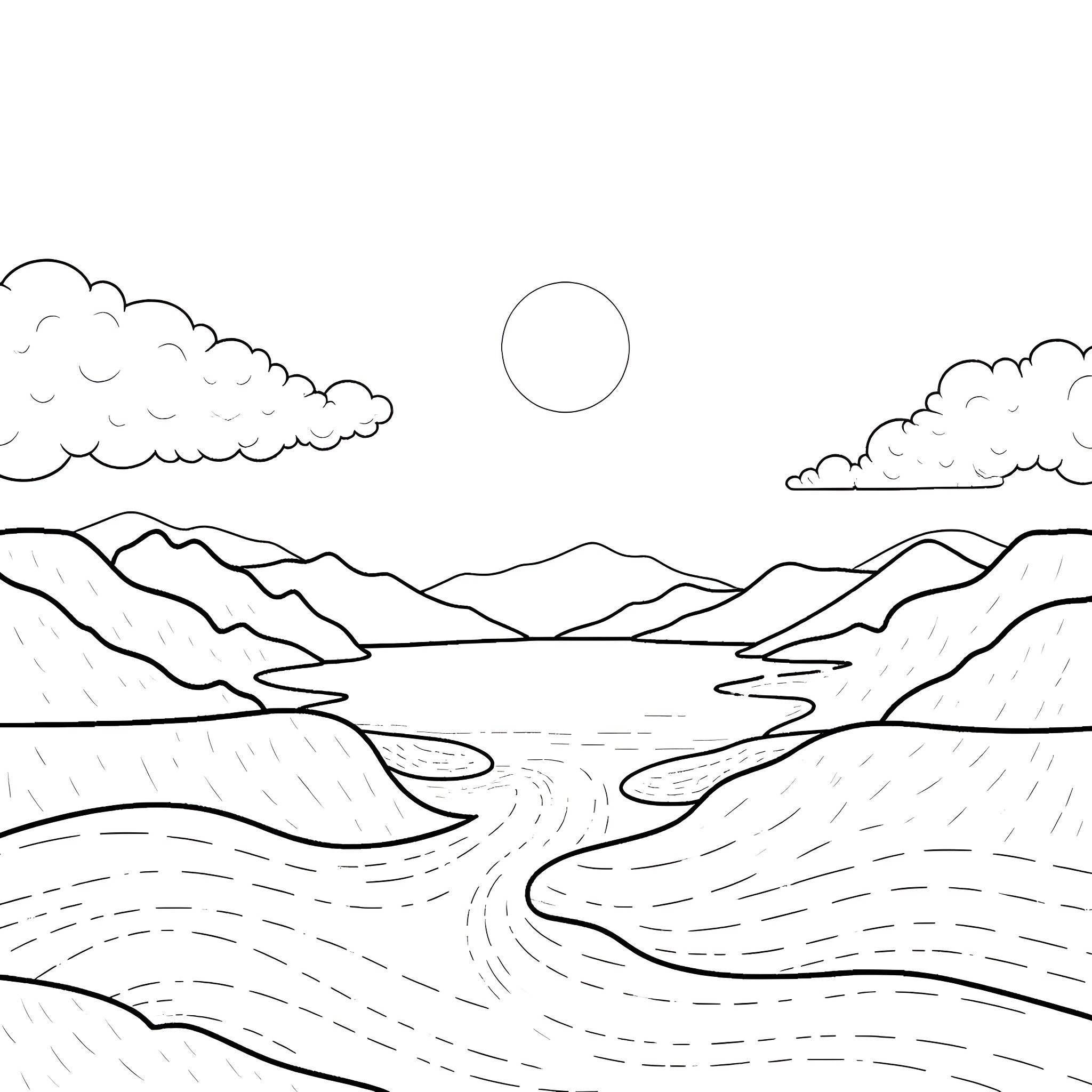 Landscape with mountainous terrain and a river Coloring Page (free black-and-white line drawing printable PDF for all, from beginners to advanced learners, including children, teens, adults, and seniors)