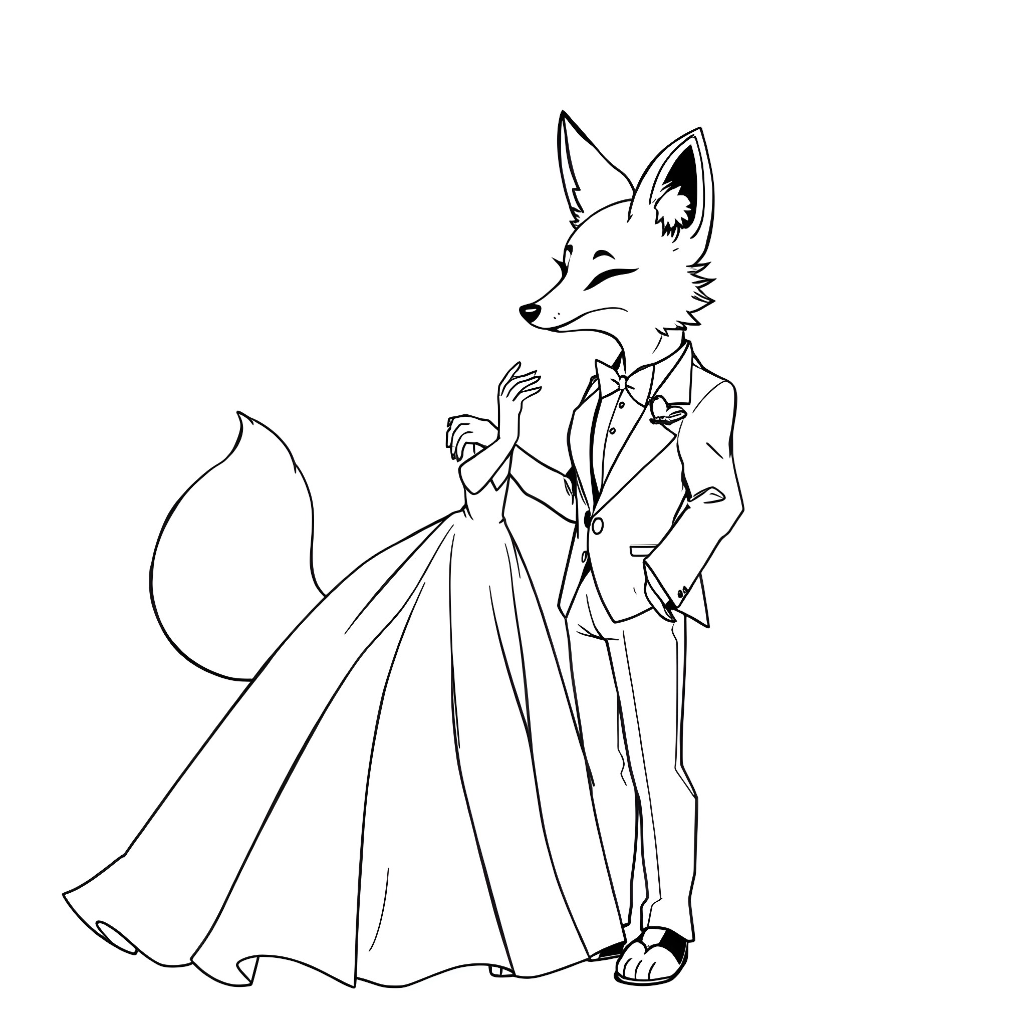 Fox couple in formal attire Coloring Page (free black-and-white line drawing printable PDF for all, from beginners to advanced learners, including children, teens, adults, and seniors)