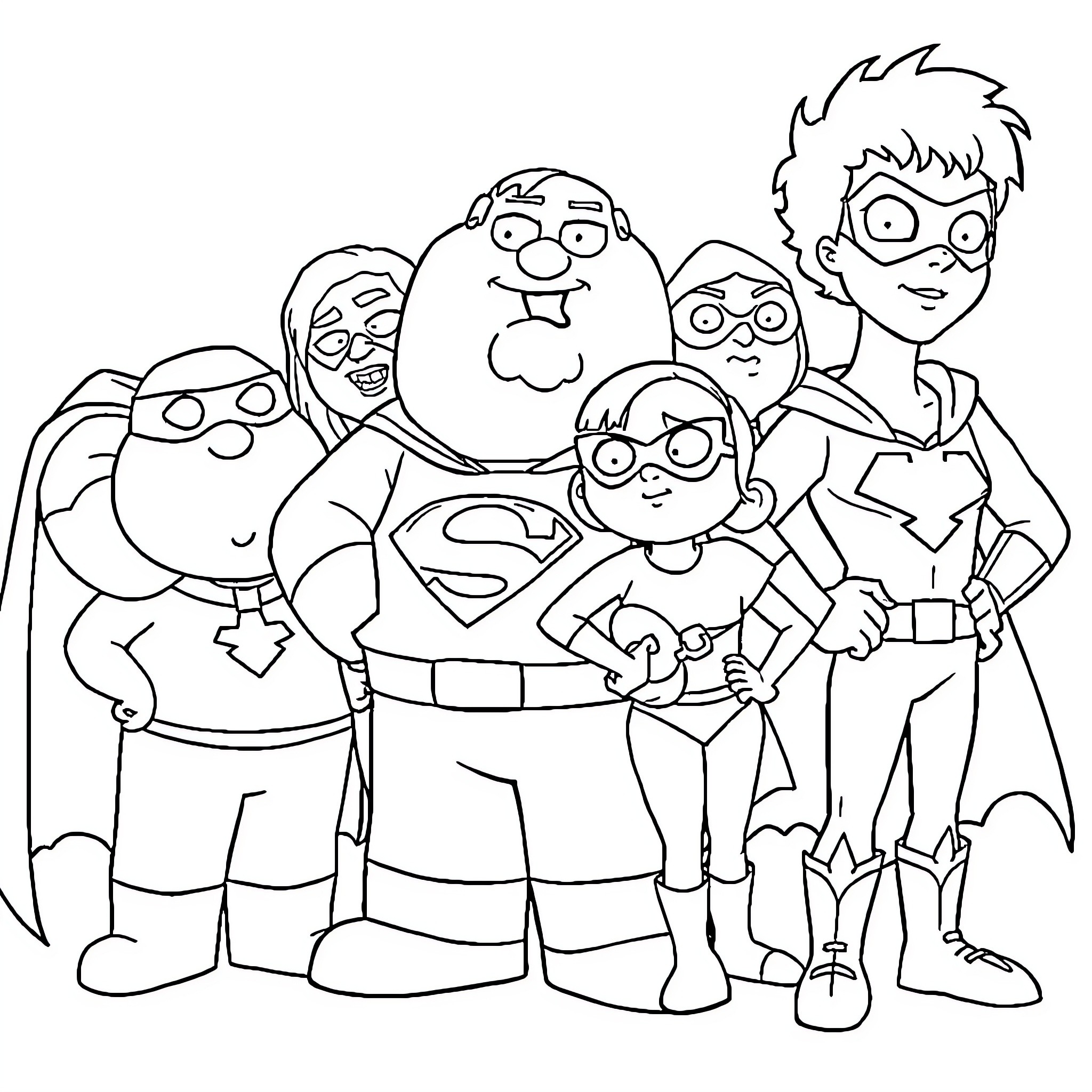 Family Guy Superhero Friends in Action Coloring Page (free black-and-white line drawing printable PDF for all, from beginners to advanced learners, including children, teens, adults, and seniors)