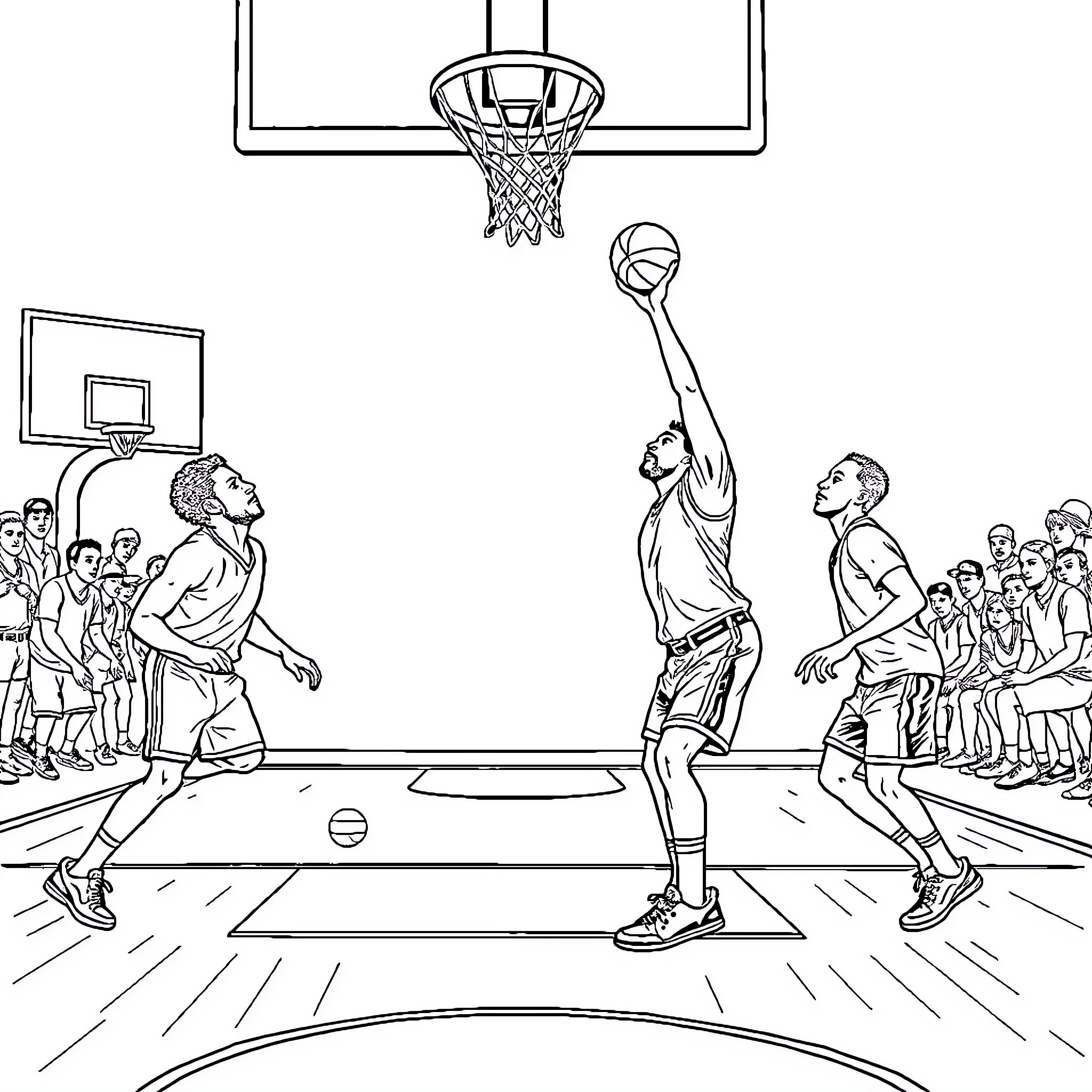 Actor shooting basketball with crowd watching Coloring Page (free black-and-white line drawing printable PDF for all, from beginners to advanced learners, including children, teens, adults, and seniors)