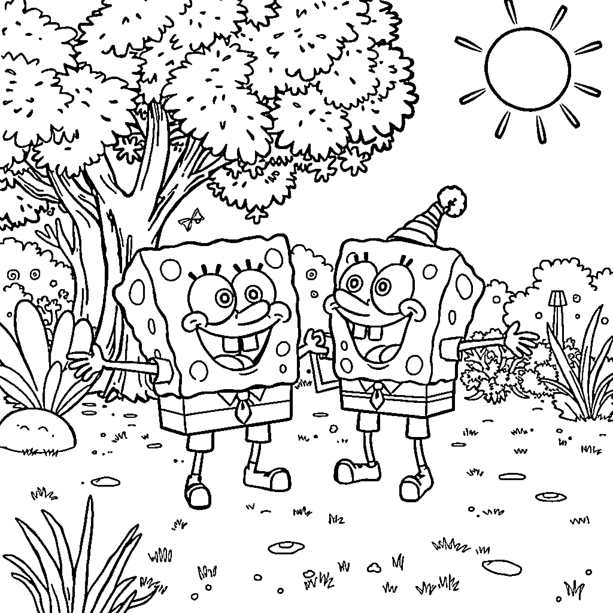 Spongebob and Patrick enjoy the outdoors Coloring Page (free black-and-white line drawing printable PDF for all, from beginners to advanced learners, including children, teens, adults, and seniors)