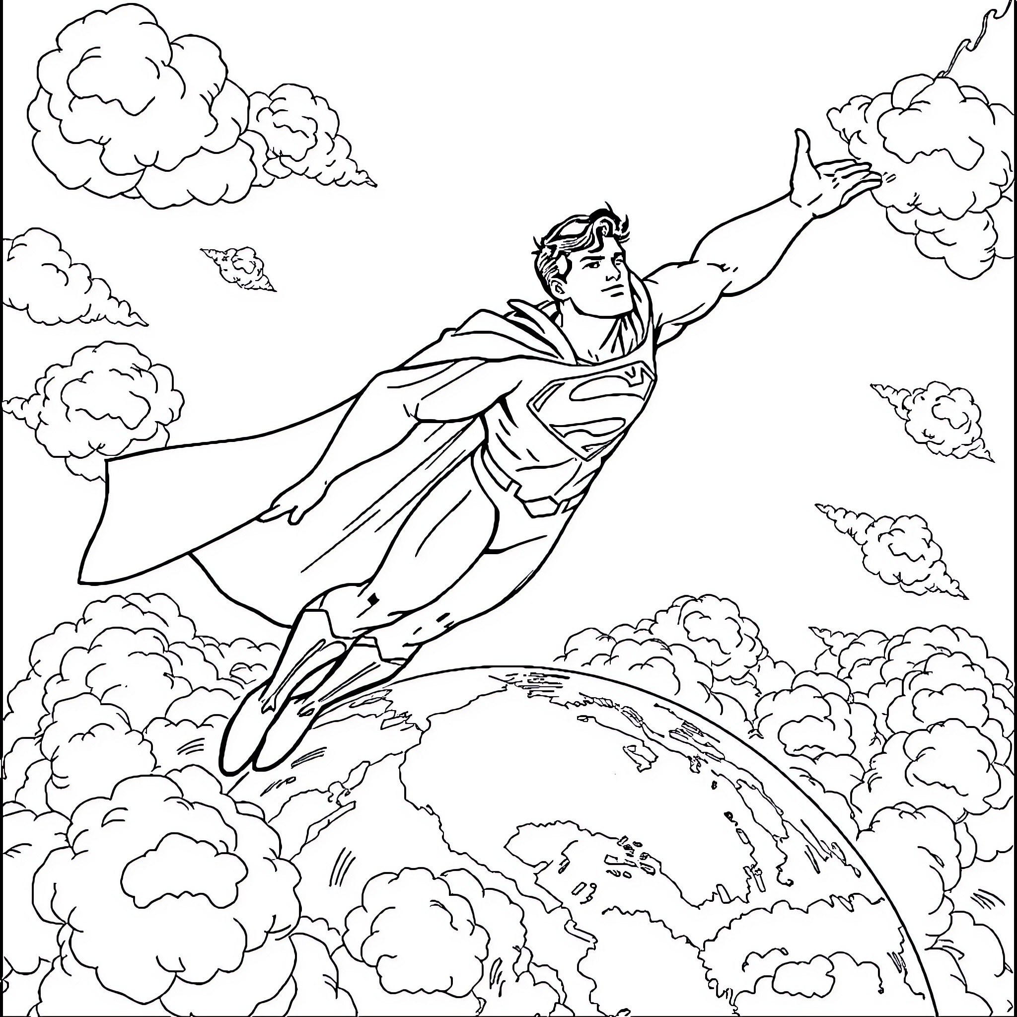 Superman soaring above the clouds Coloring Page (free black-and-white line drawing printable PDF for all, from beginners to advanced learners, including children, teens, adults, and seniors)