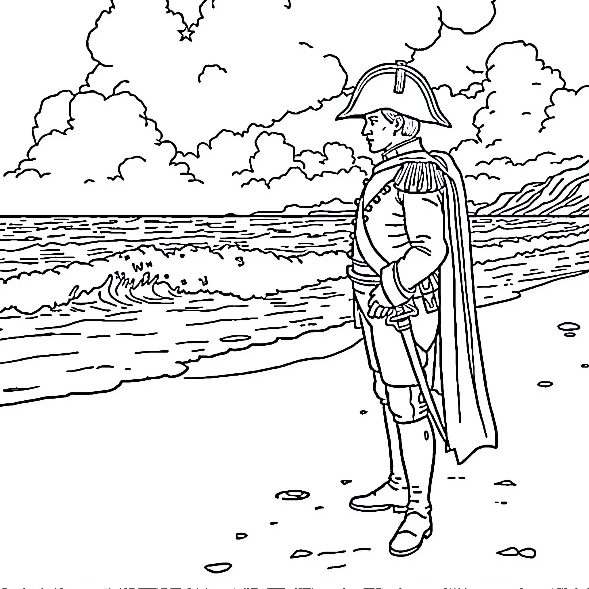 Napoleon Standing Alone by the Stormy Sea Coloring Page (free black-and-white line drawing printable PDF for all, from beginners to advanced learners, including children, teens, adults, and seniors)