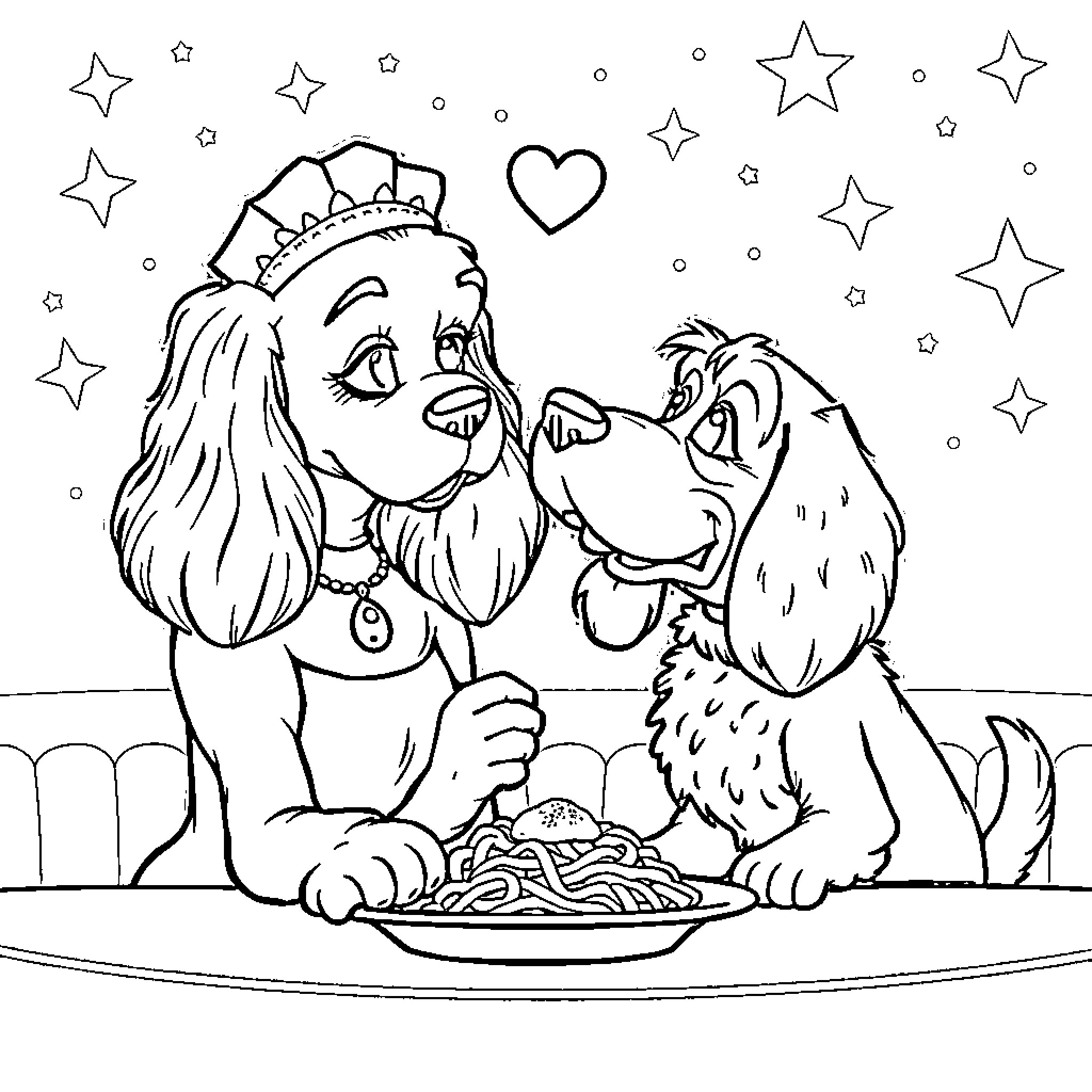 Lady sharing a meal with her pet Coloring Page (free black-and-white line drawing printable PDF for all, from beginners to advanced learners, including children, teens, adults, and seniors)