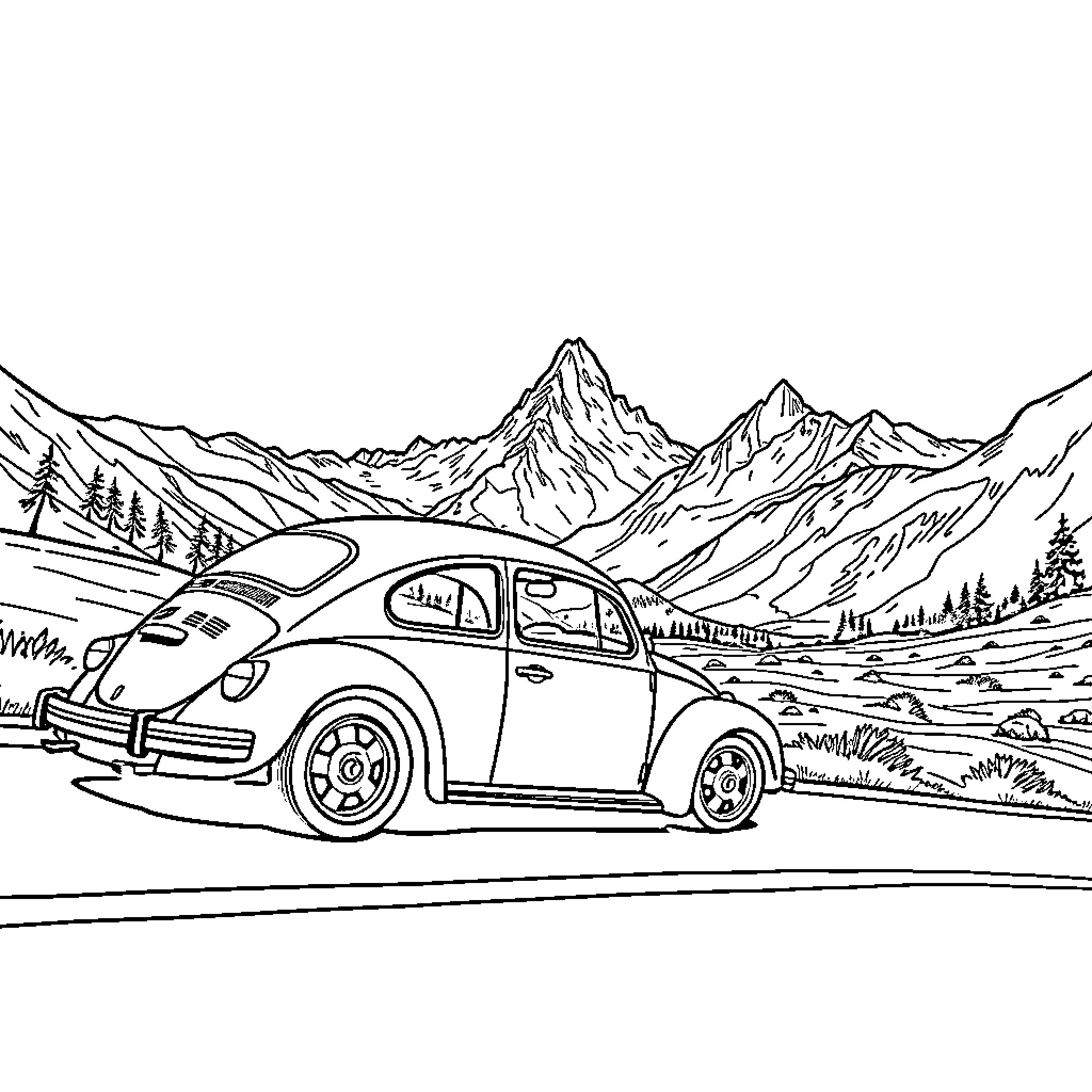 VW Beetle driving through scenic mountain landscape Coloring Page (free black-and-white line drawing printable PDF for all, from beginners to advanced learners, including children, teens, adults, and seniors)