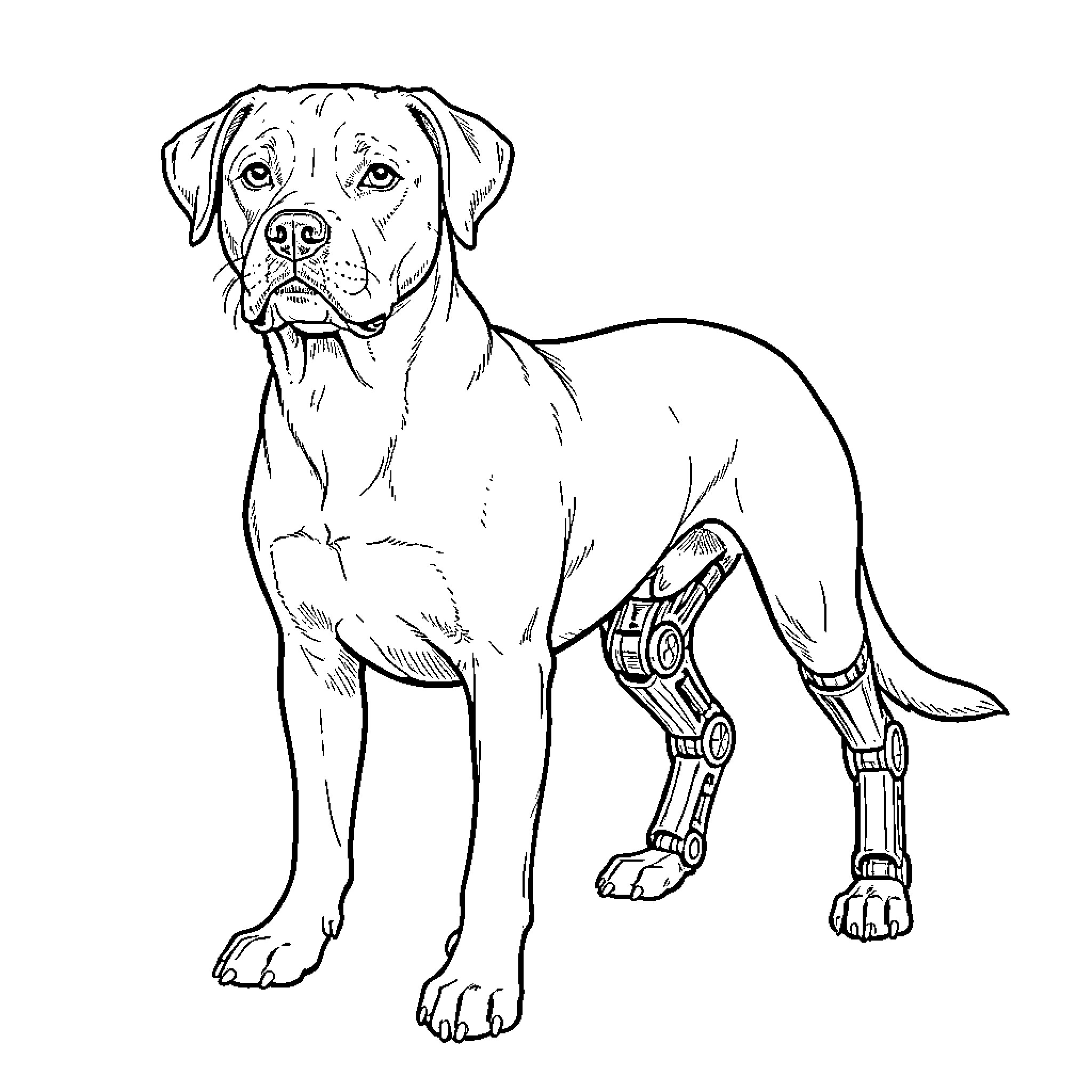 Staffy dog with robotic limbs Coloring Page (free black-and-white line drawing printable PDF for all, from beginners to advanced learners, including children, teens, adults, and seniors)