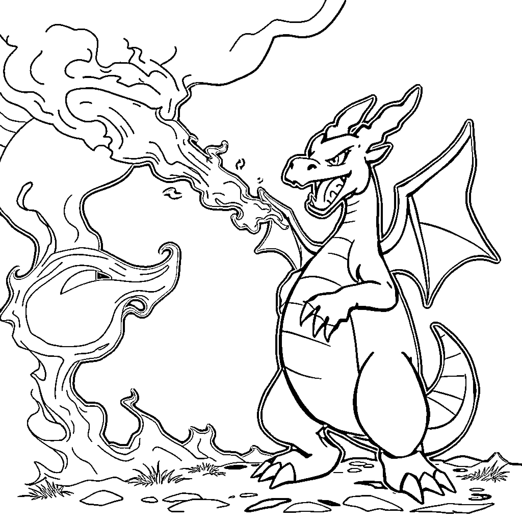 Charizard breathing fiery smoke in an outdoor scene Coloring Page (free black-and-white line drawing printable PDF for all, from beginners to advanced learners, including children, teens, adults, and seniors)