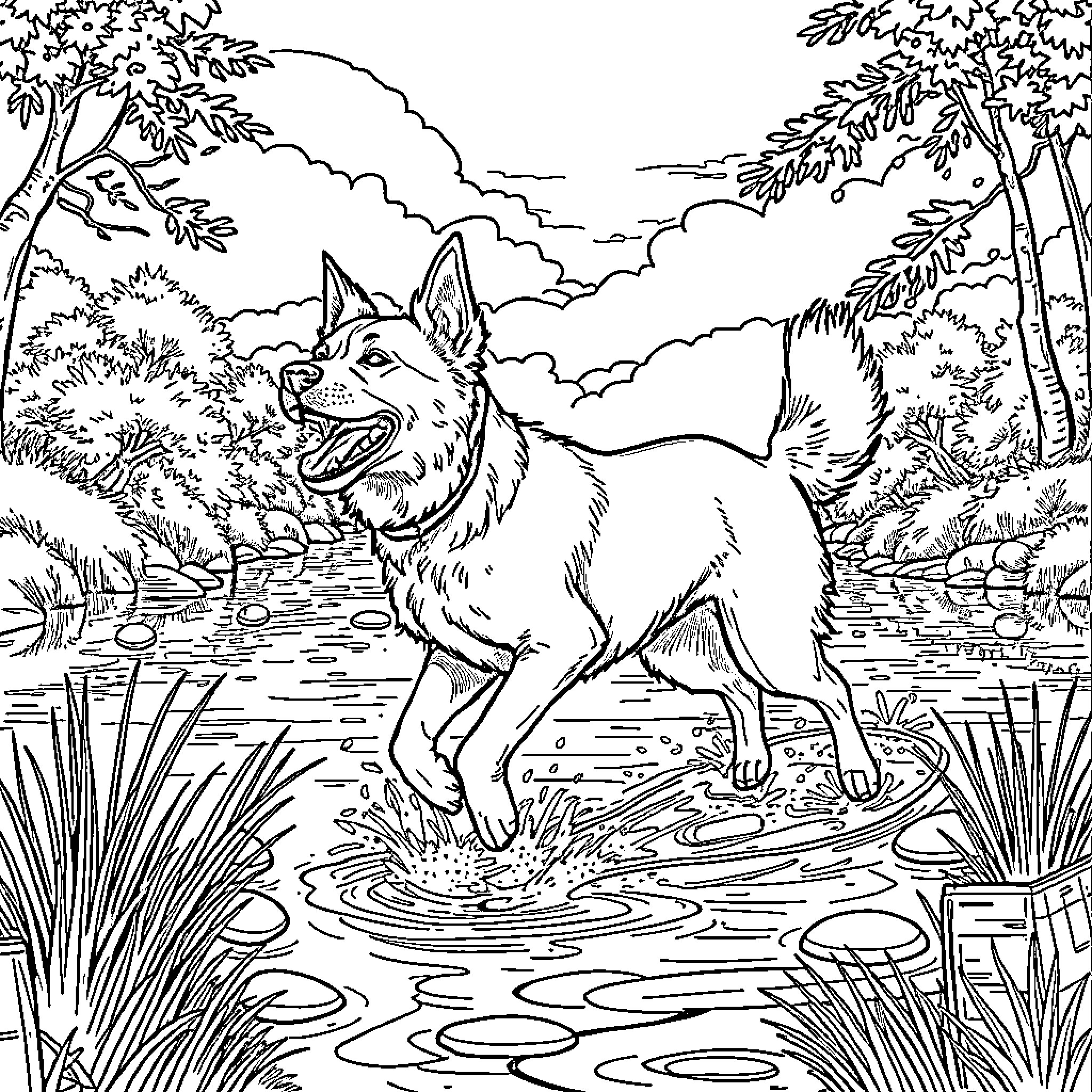 Dog playing joyfully in a peaceful forest scene Coloring Page (free black-and-white line drawing printable PDF for all, from beginners to advanced learners, including children, teens, adults, and seniors)