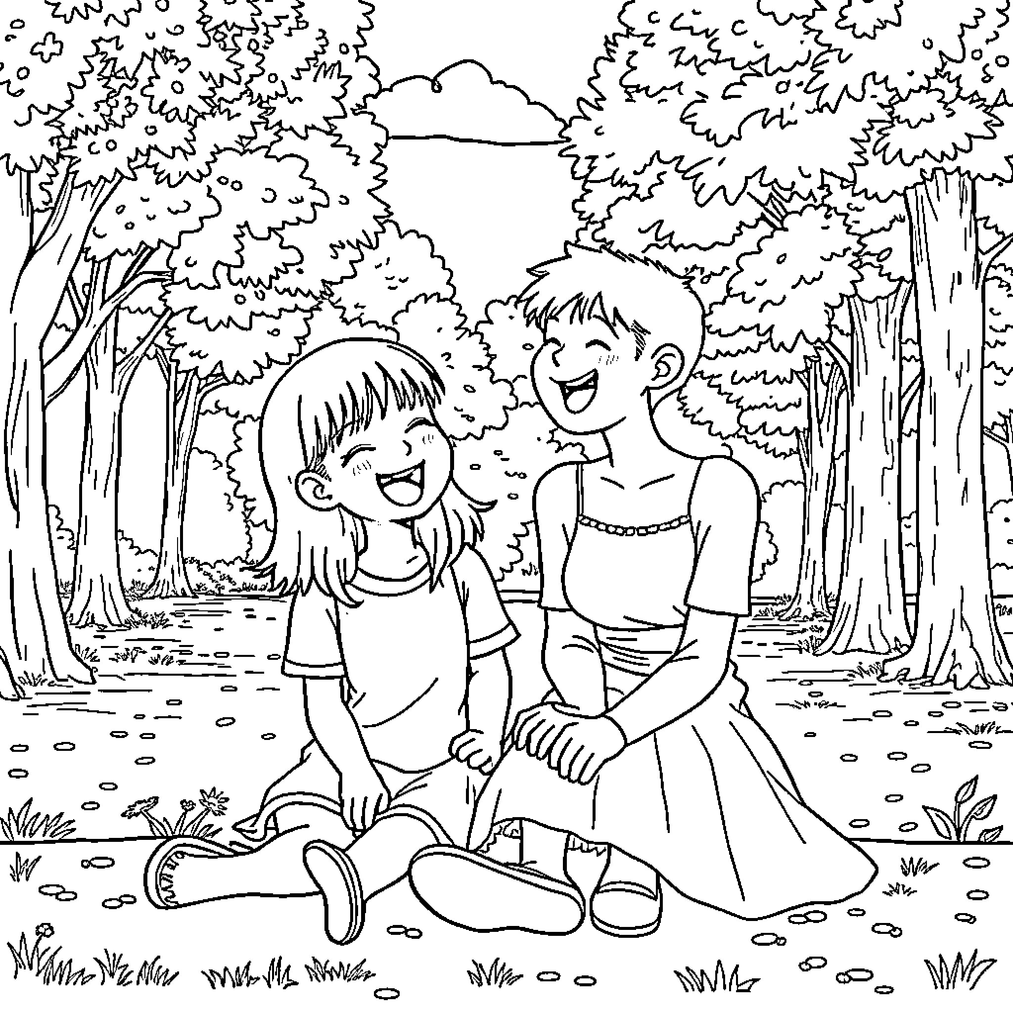 Momo's Joyful Forest Escape Coloring Page (free black-and-white line drawing printable PDF for all, from beginners to advanced learners, including children, teens, adults, and seniors)
