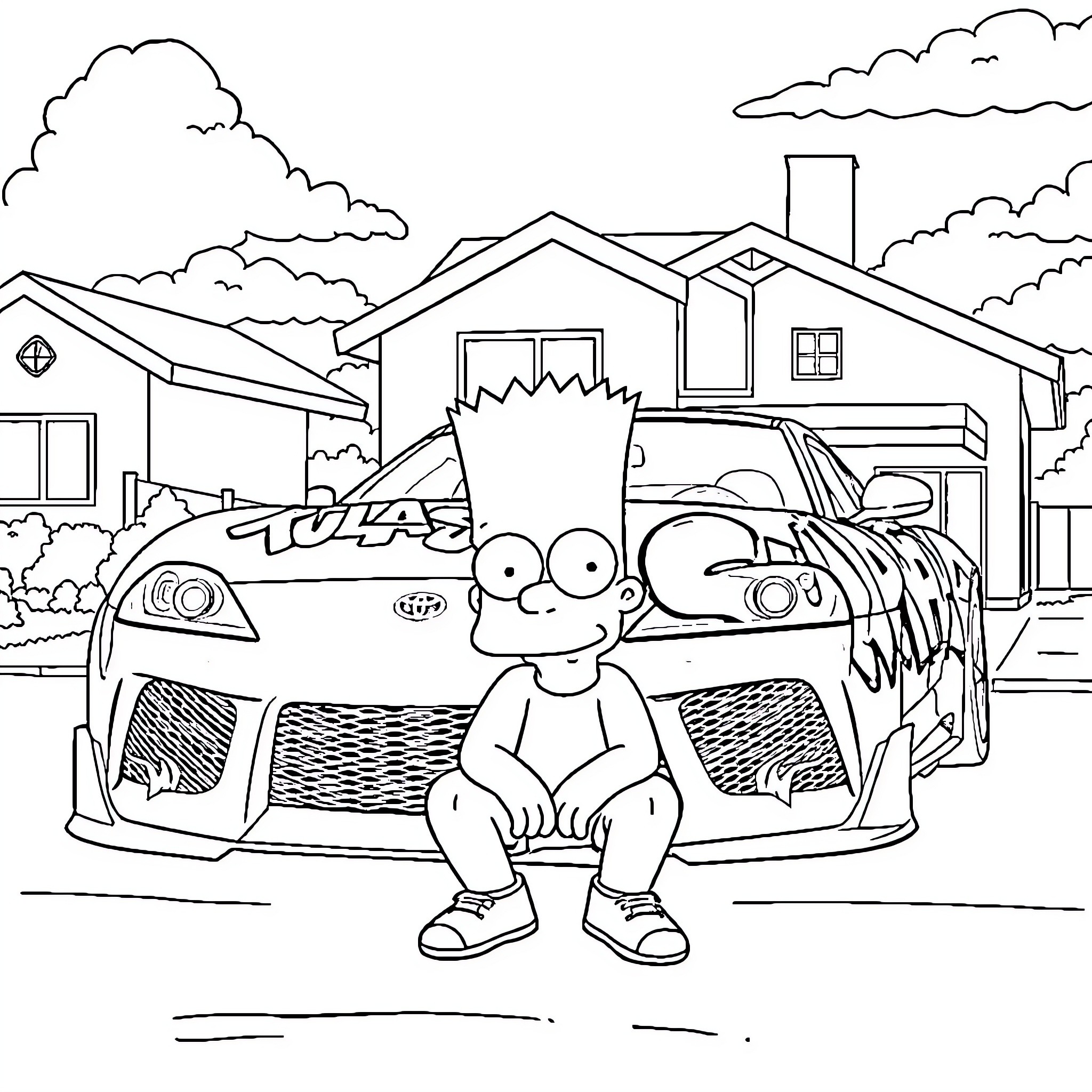 Bart Simpson playing with race cars in the neighborhood Coloring Page (free black-and-white line drawing printable PDF for all, from beginners to advanced learners, including children, teens, adults, and seniors)