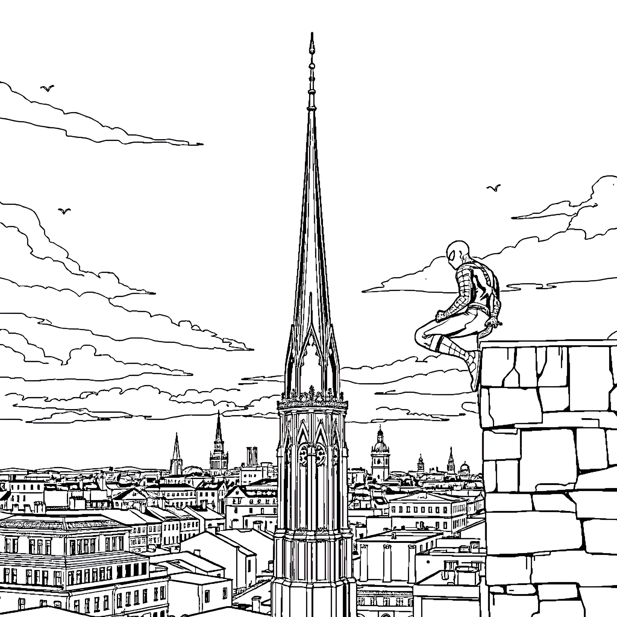 Spiderman overlooking the city skyline Coloring Page (free black-and-white line drawing printable PDF for all, from beginners to advanced learners, including children, teens, adults, and seniors)