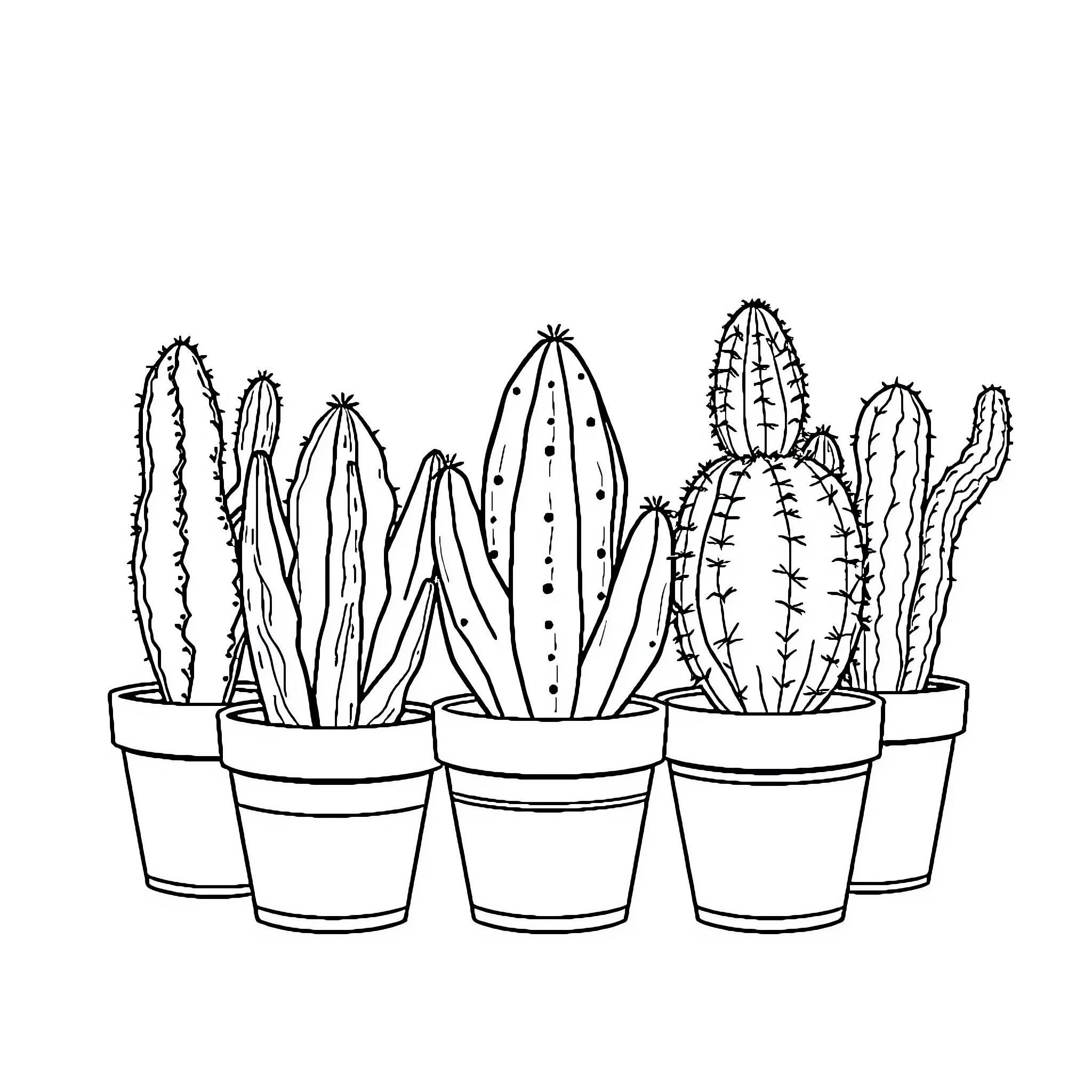 Cactus family gathering in pots Coloring Page (free black-and-white line drawing printable PDF for all, from beginners to advanced learners, including children, teens, adults, and seniors)