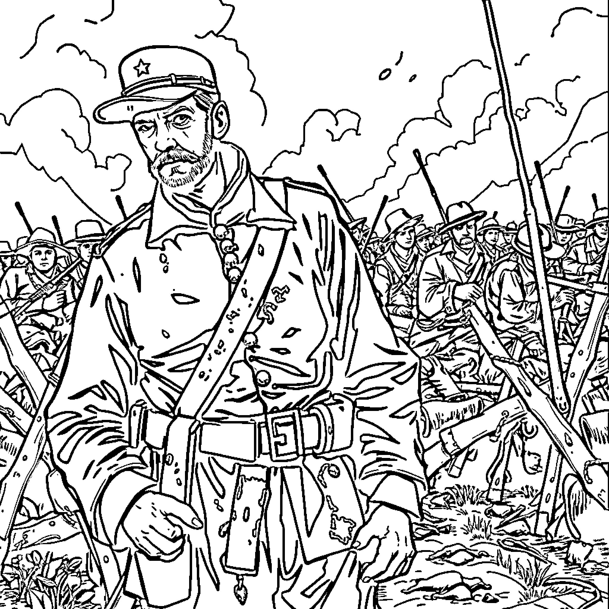 Soldier in military uniform leading troops into battle Coloring Page (free black-and-white line drawing printable PDF for all, from beginners to advanced learners, including children, teens, adults, and seniors)