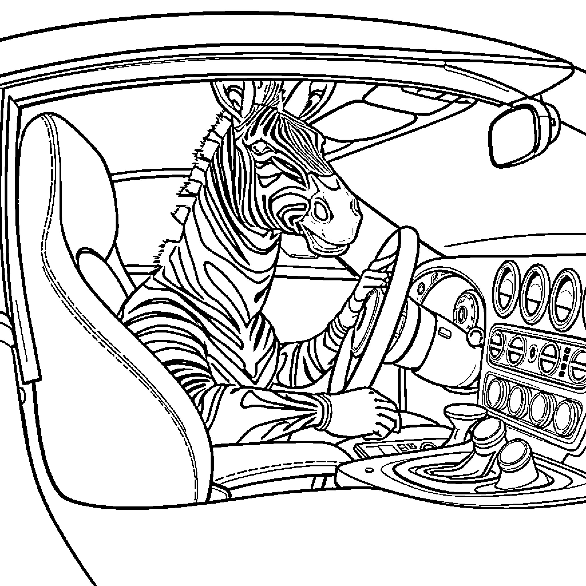 Zebra driving a car on the road Coloring Page (free black-and-white line drawing printable PDF for all, from beginners to advanced learners, including children, teens, adults, and seniors)