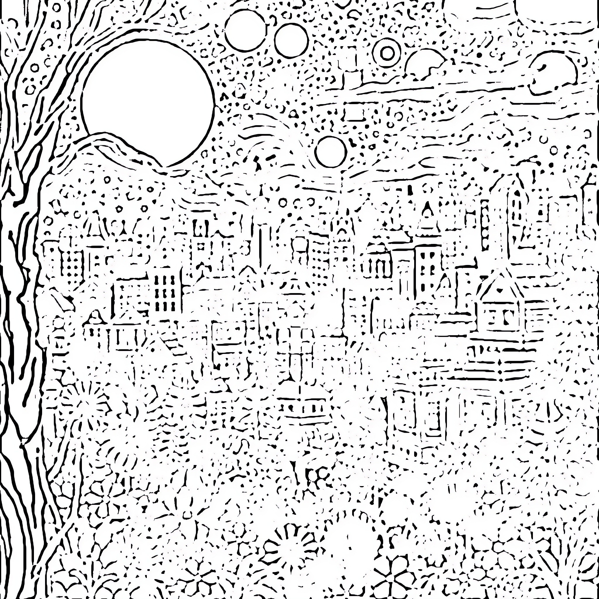 Hidden Picture of Abstract Cityscape and Celestial Patterns Coloring Page (free black-and-white line drawing printable PDF for all, from beginners to advanced learners, including children, teens, adults, and seniors)