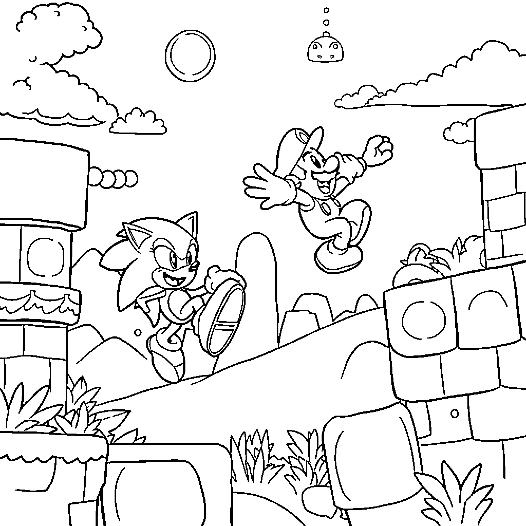 Sonic's Adventurous Escapade in a Colorful Landscape Coloring Page (free black-and-white line drawing printable PDF for all, from beginners to advanced learners, including children, teens, adults, and seniors)