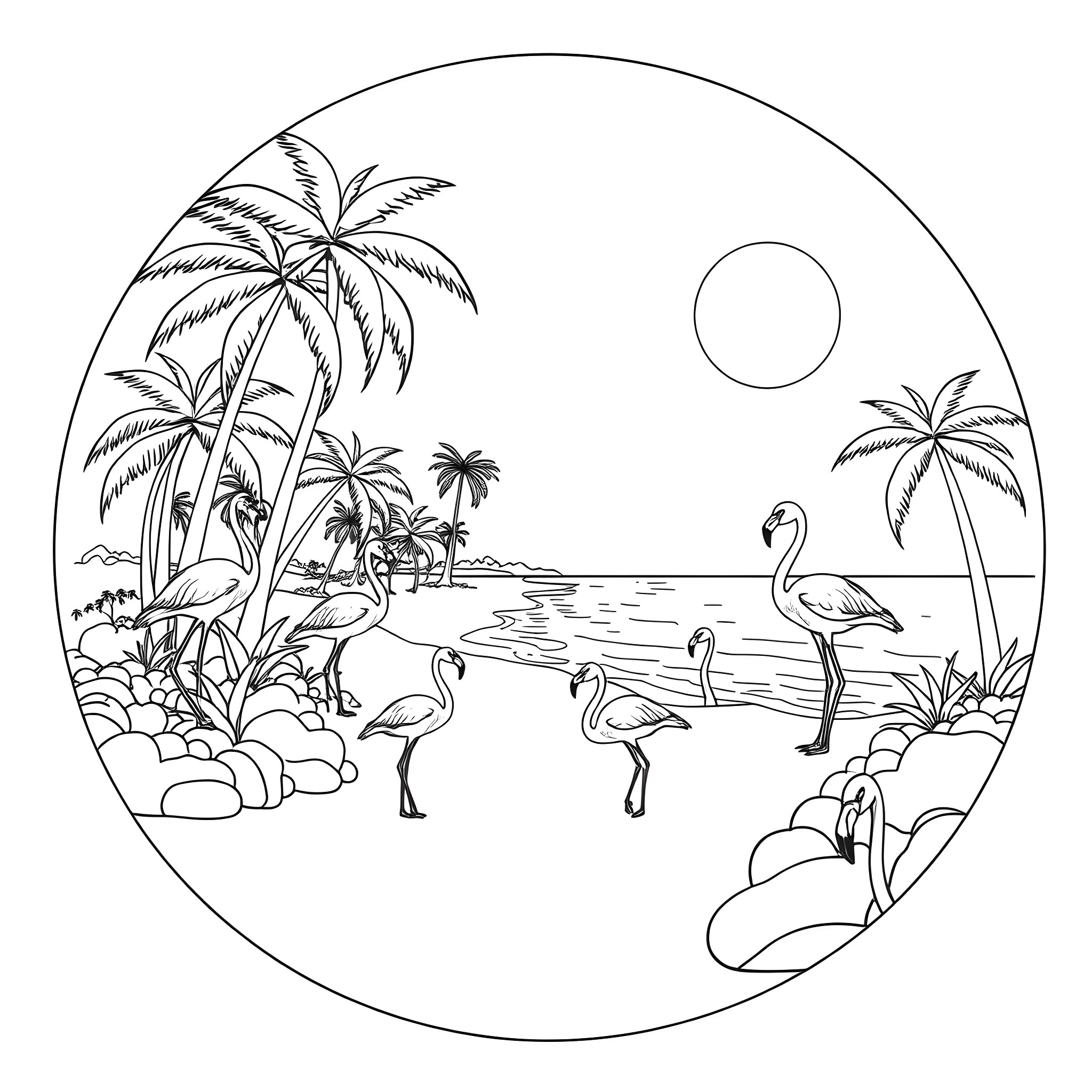 Flamingos in a tropical paradise Coloring Page (free black-and-white line drawing printable PDF for all, from beginners to advanced learners, including children, teens, adults, and seniors)