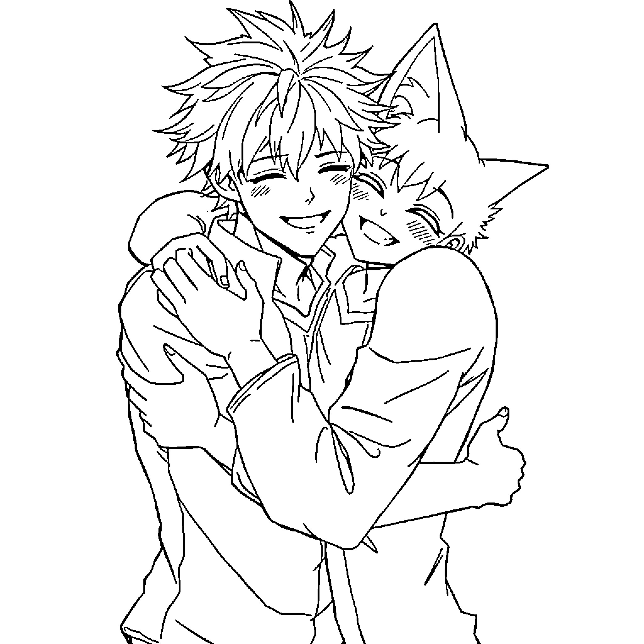 Eiji Okumura embracing a feline companion in a joyful moment Coloring Page (free black-and-white line drawing printable PDF for all, from beginners to advanced learners, including children, teens, adults, and seniors)