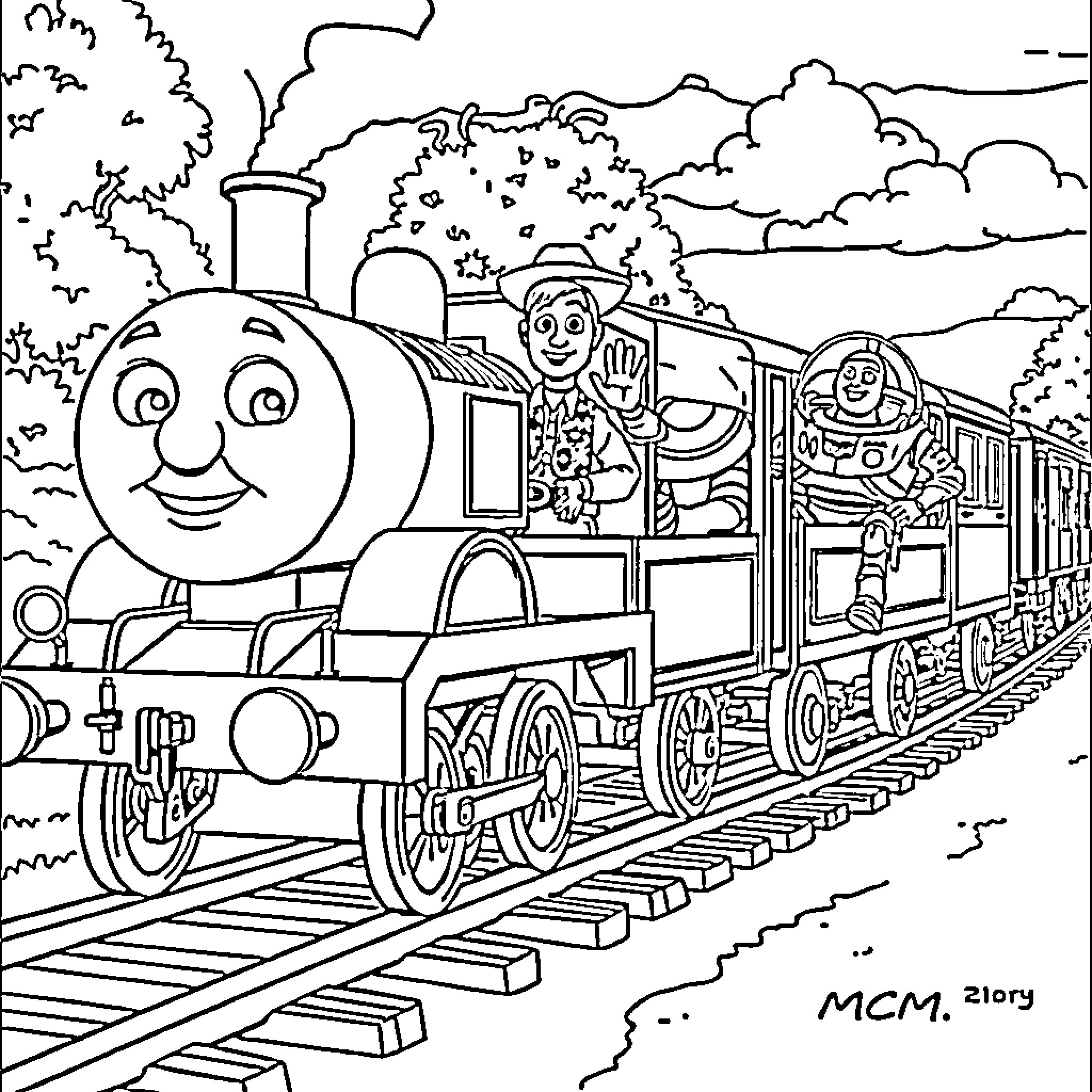 Thomas the Train Engine Chugging Through the Countryside Coloring Page (free black-and-white line drawing printable PDF for all, from beginners to advanced learners, including children, teens, adults, and seniors)