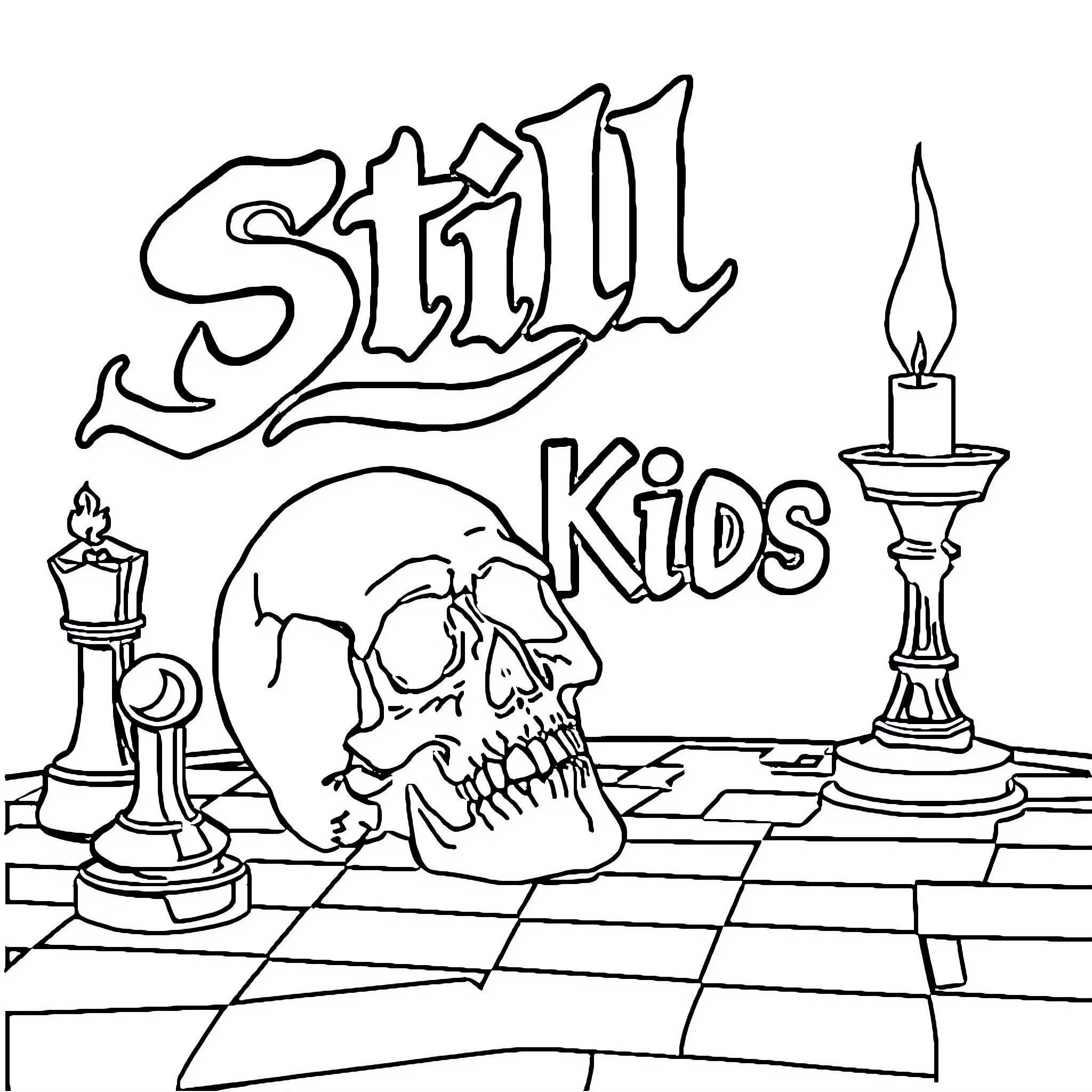 Skull Kids Playing Chess With Candles Coloring Page (free black-and-white line drawing printable PDF for all, from beginners to advanced learners, including children, teens, adults, and seniors)