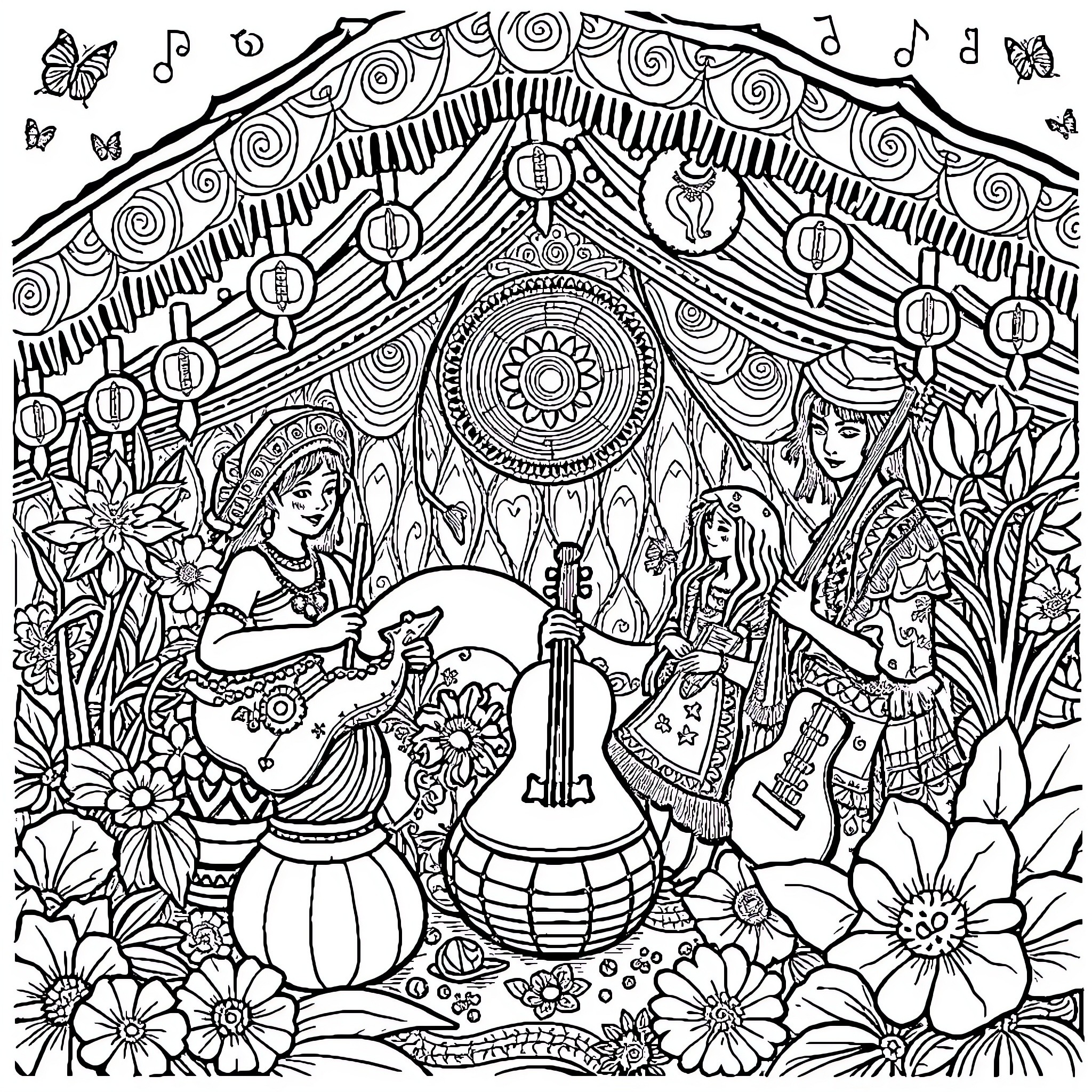 Culture of Music and Celebration Coloring Page (free black-and-white line drawing printable PDF for all, from beginners to advanced learners, including children, teens, adults, and seniors)